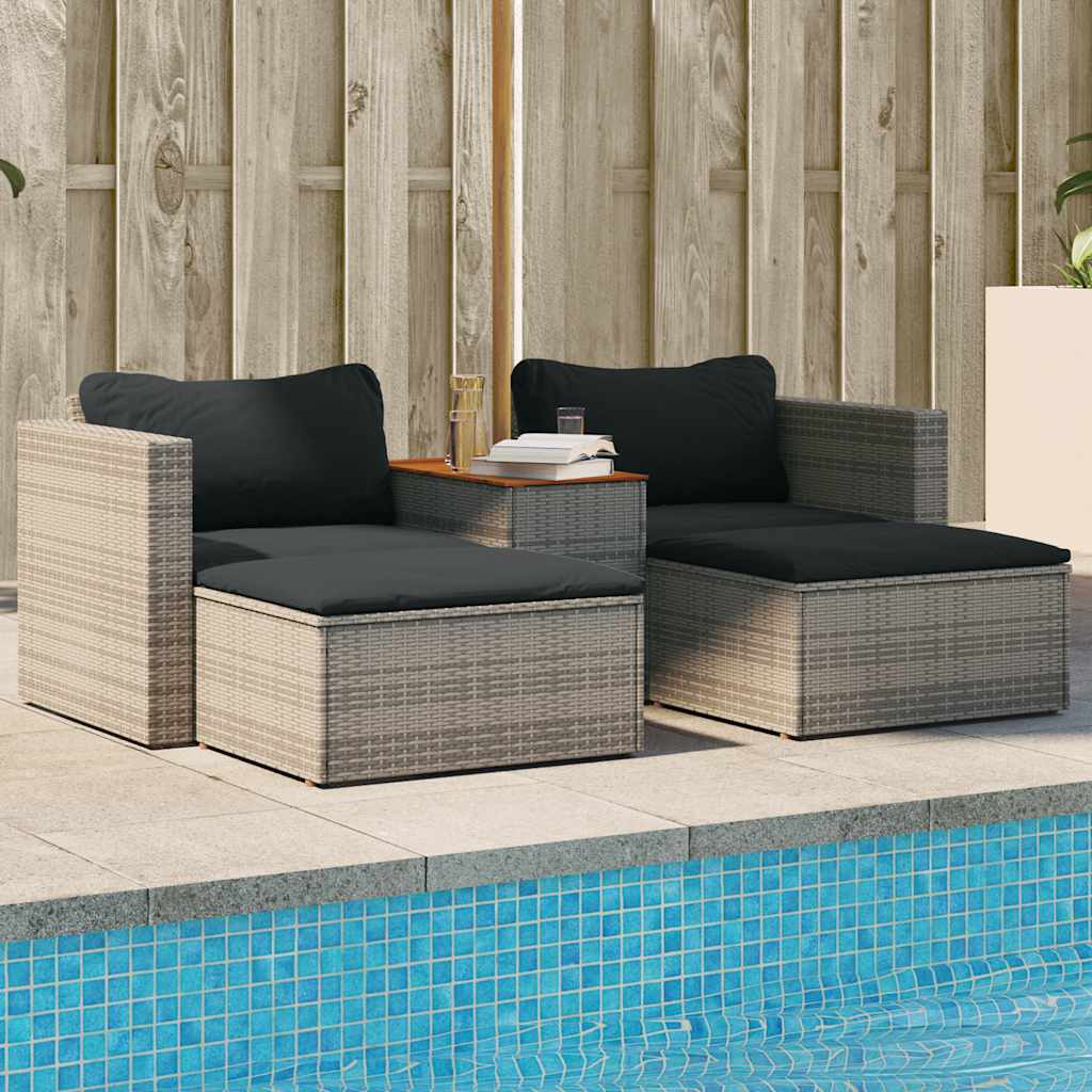 5 Pcs conjunto sofás de jardim c/ almofadões acácia e vime PE