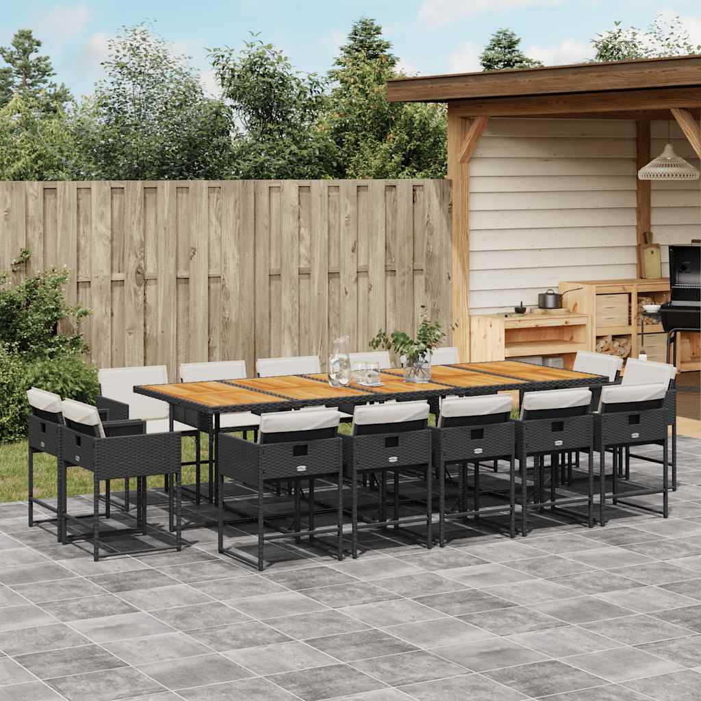 15 Pcs conjunto de jantar p/jardim com almofadões vime PE preto