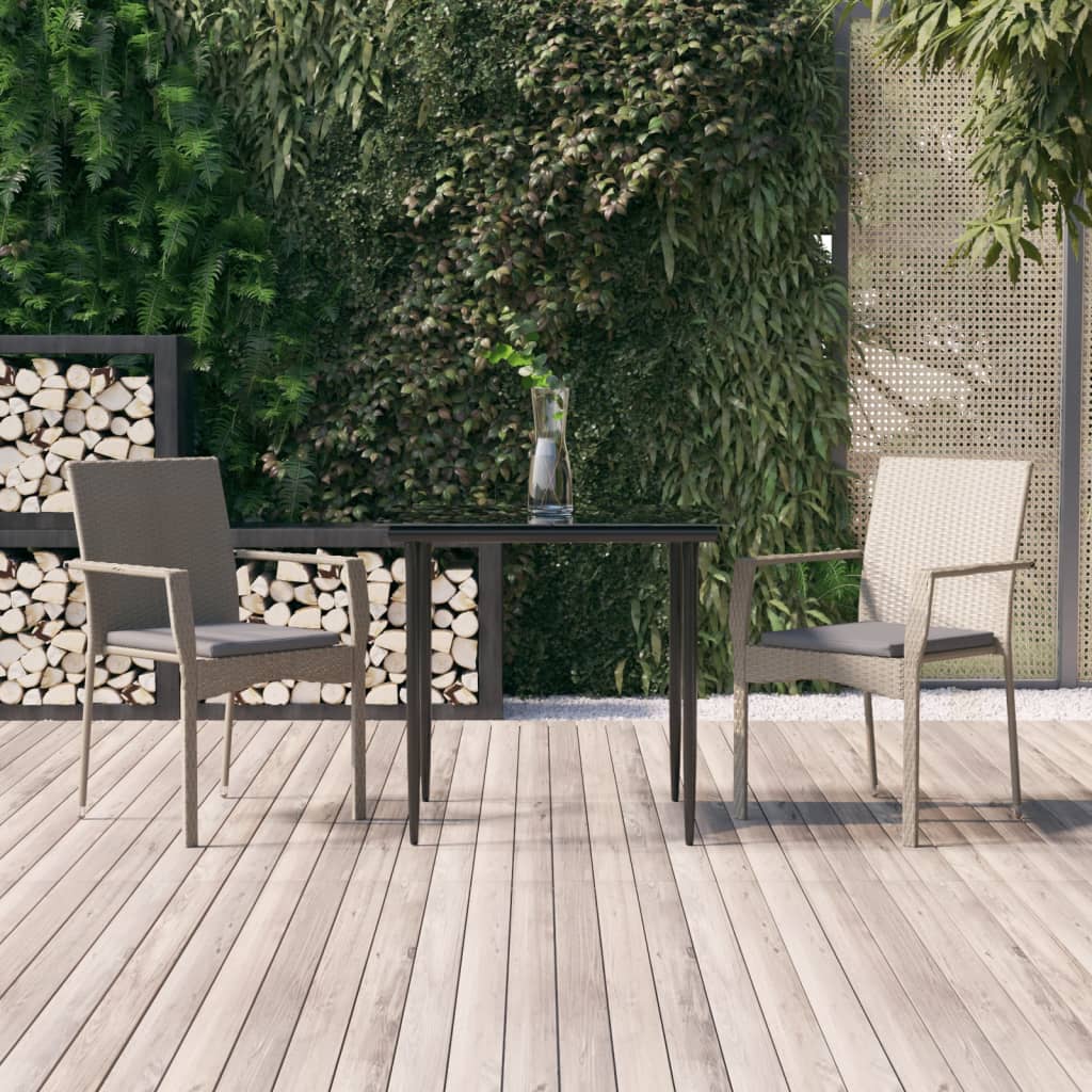 3 Pcs conj. jantar p/ jardim c/ almofadões vime PE preto/cinza