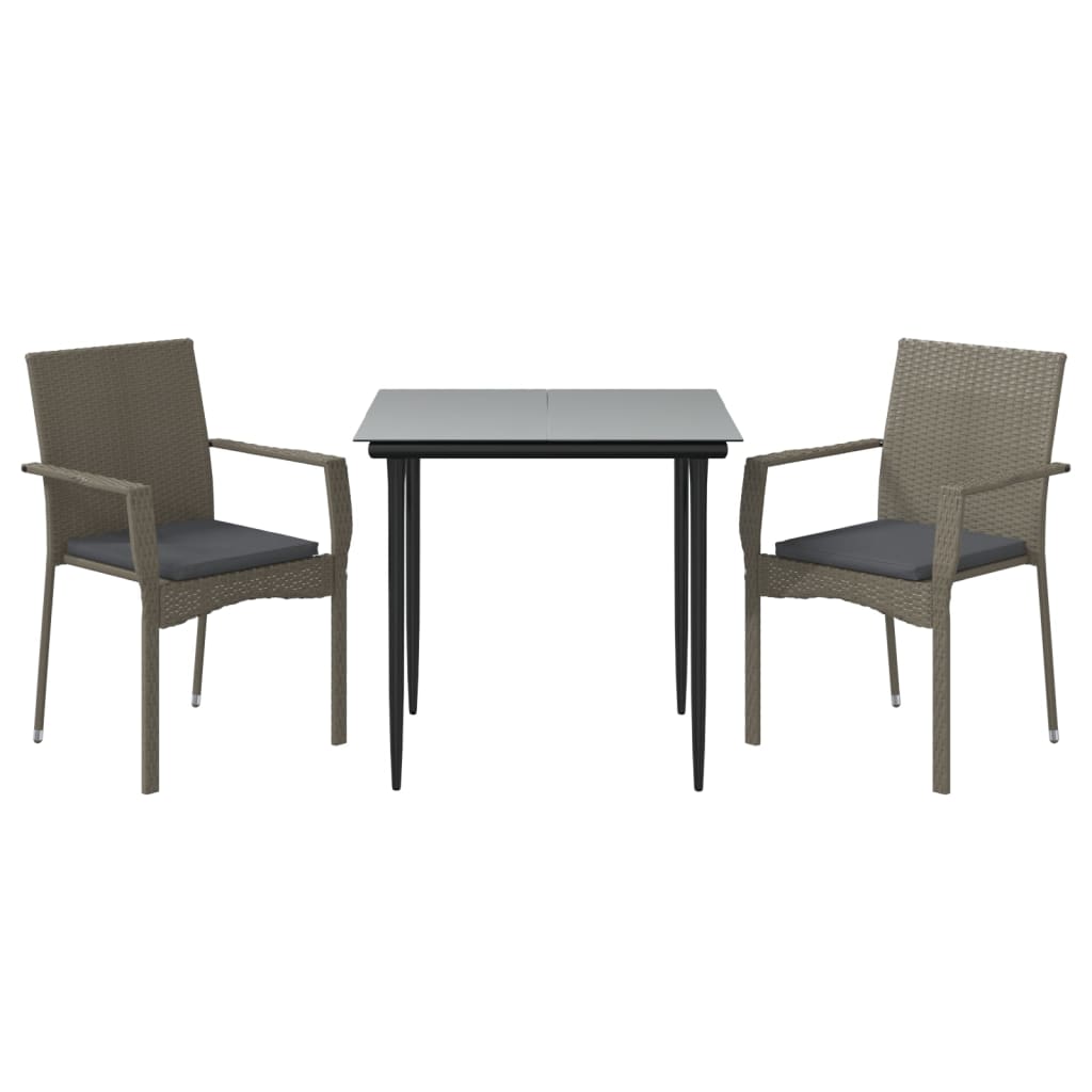 3 Pcs conj. jantar p/ jardim c/ almofadões vime PE preto/cinza