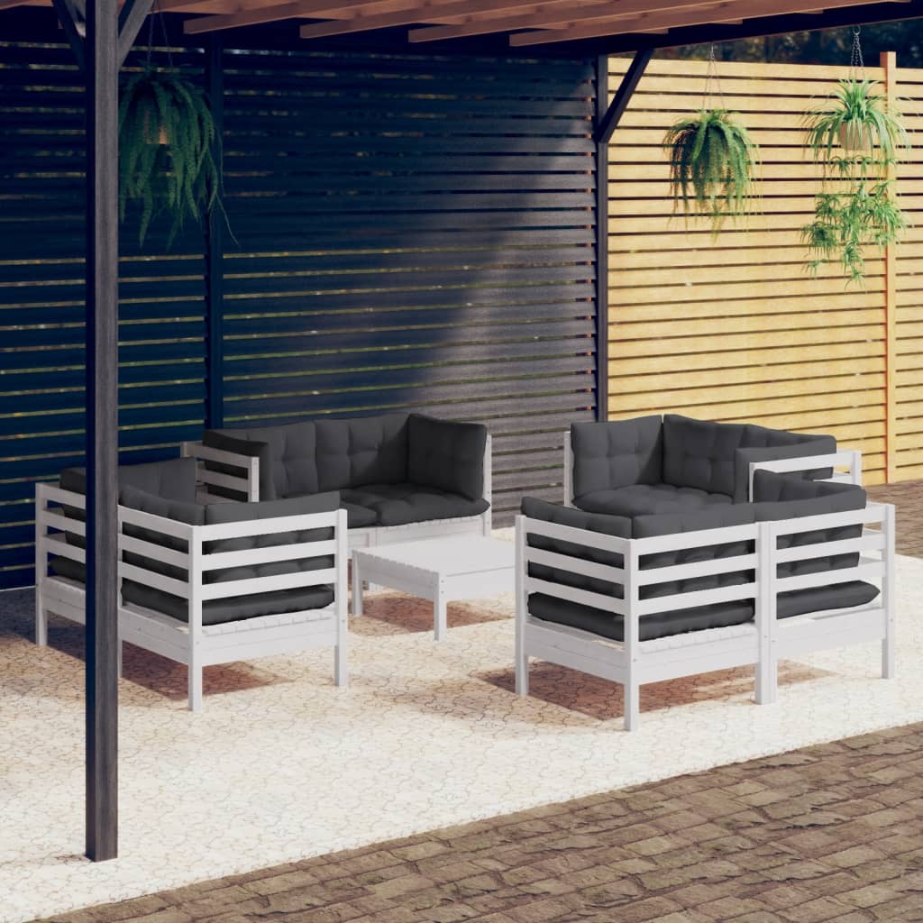 9 Pcs conj. lounge de jardim com almofadões antracite pinho