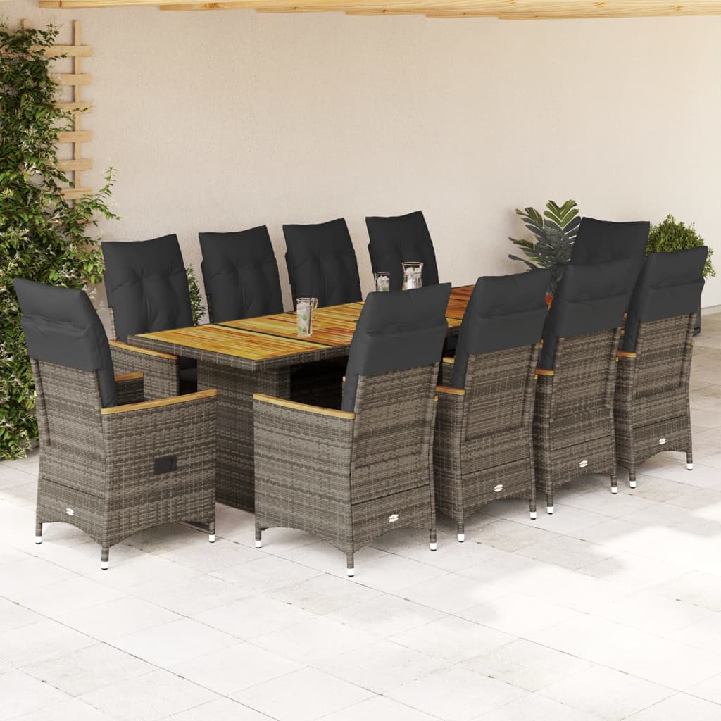 11 Pcs conjunto bistrô de jardim c/ almofadões vime PE cinzento