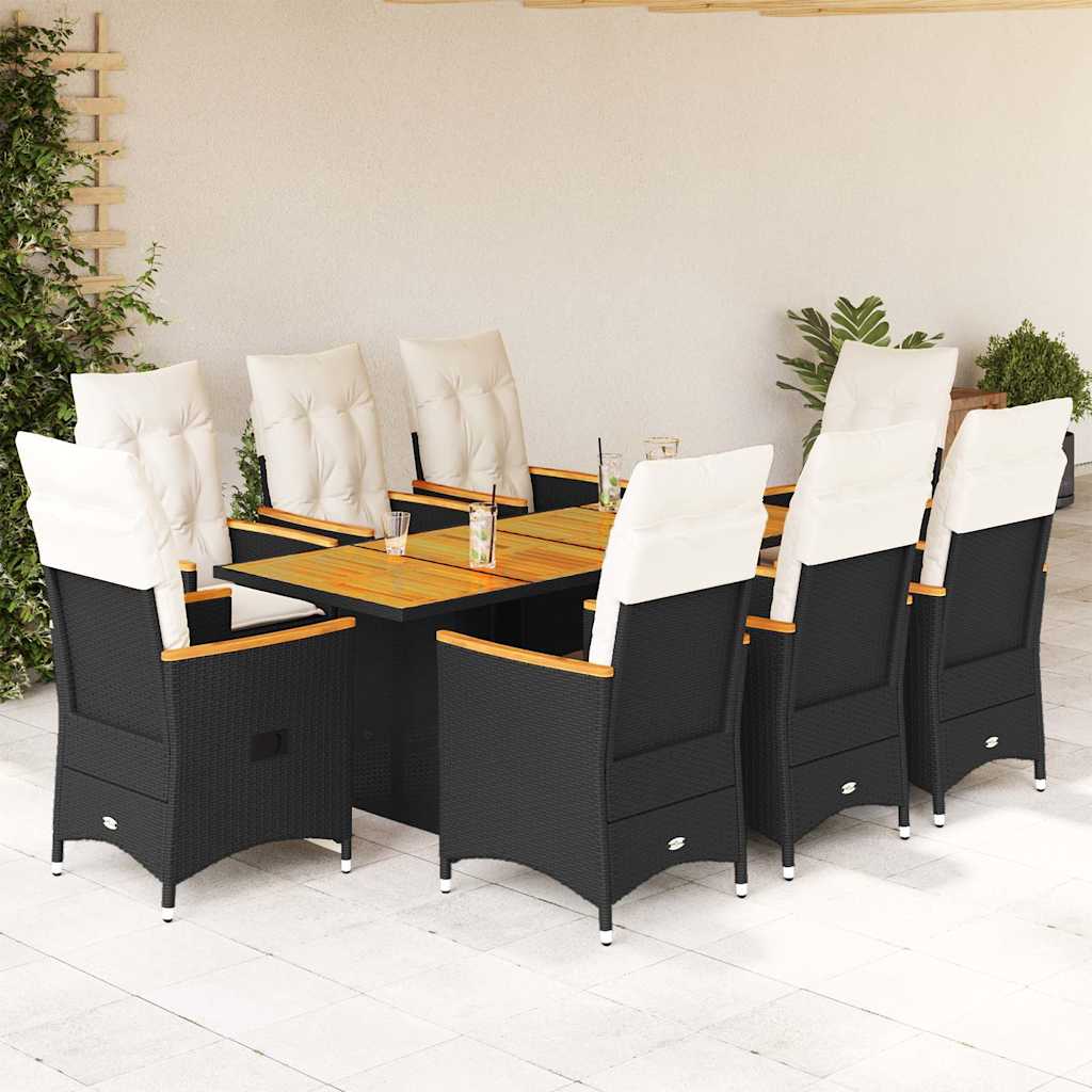 9 Pcs conjunto de jantar p/ jardim c/ almofadões vime PE preto