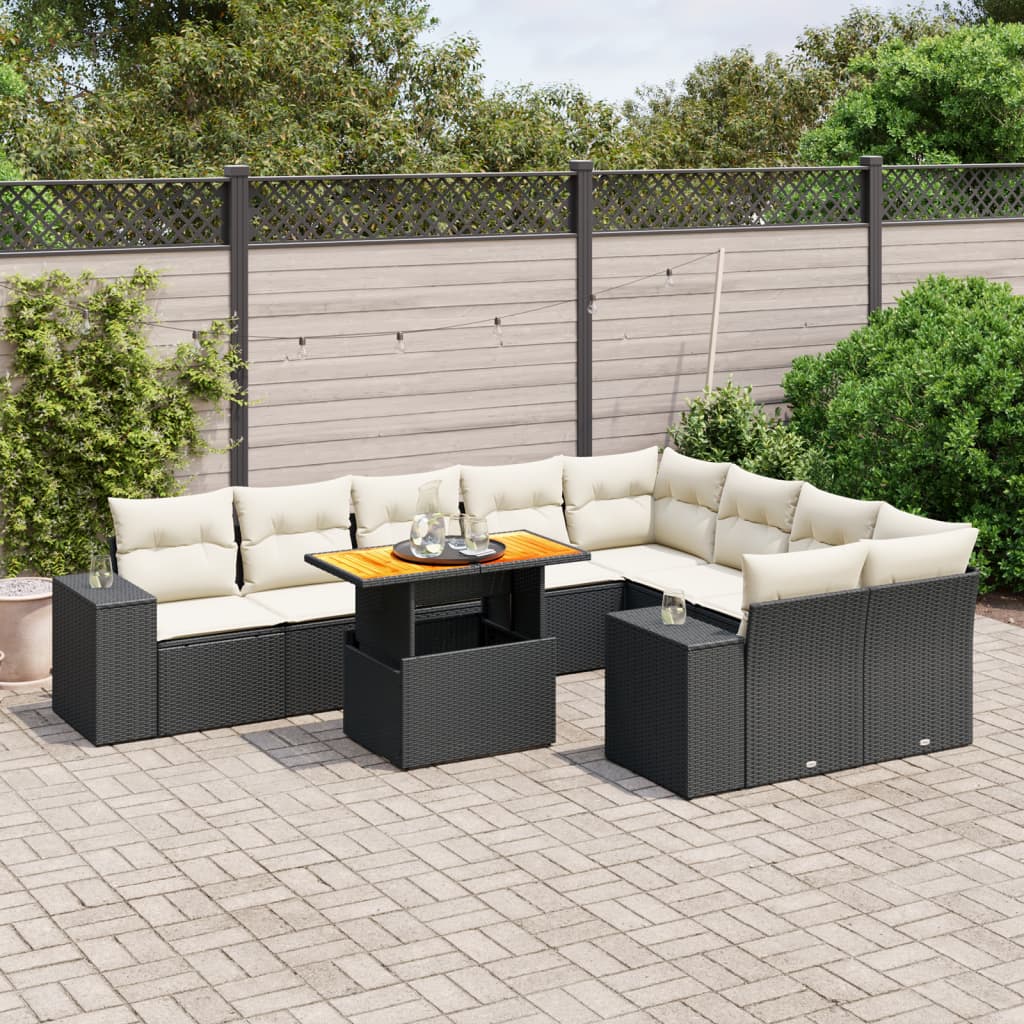 10 Pcs conjunto sofás de jardim c/ almofadões vime PE preto
