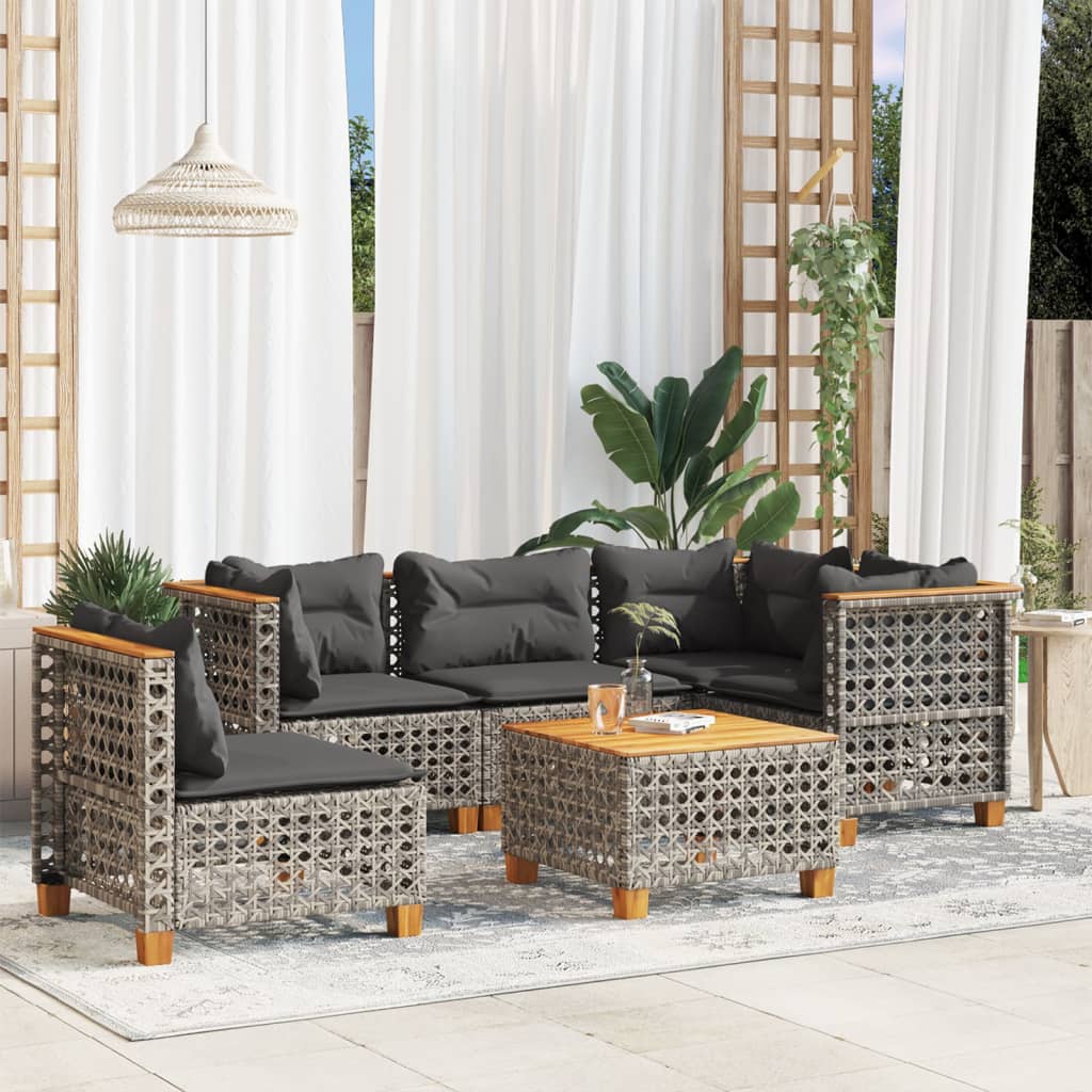 6 Pcs conjunto sofás de jardim com almofadões vime cinzento