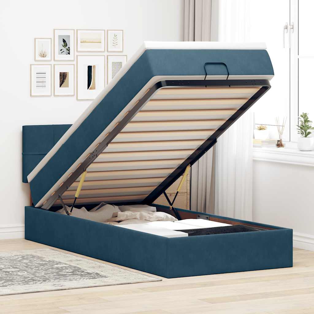 Estrutura de cama otomana com colchão azul escuro veludo