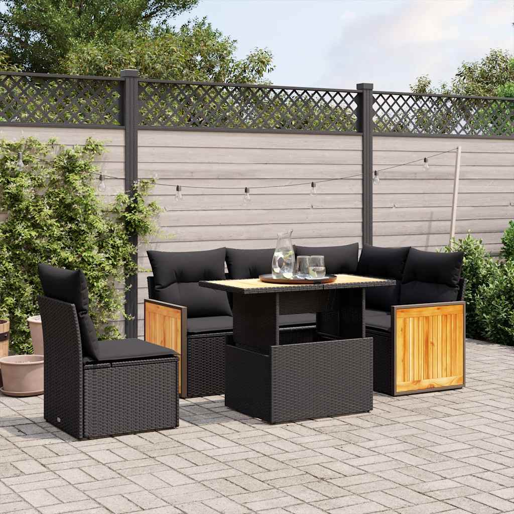 6 Pcs conjunto sofás de jardim c/ almofadões vime PE preto