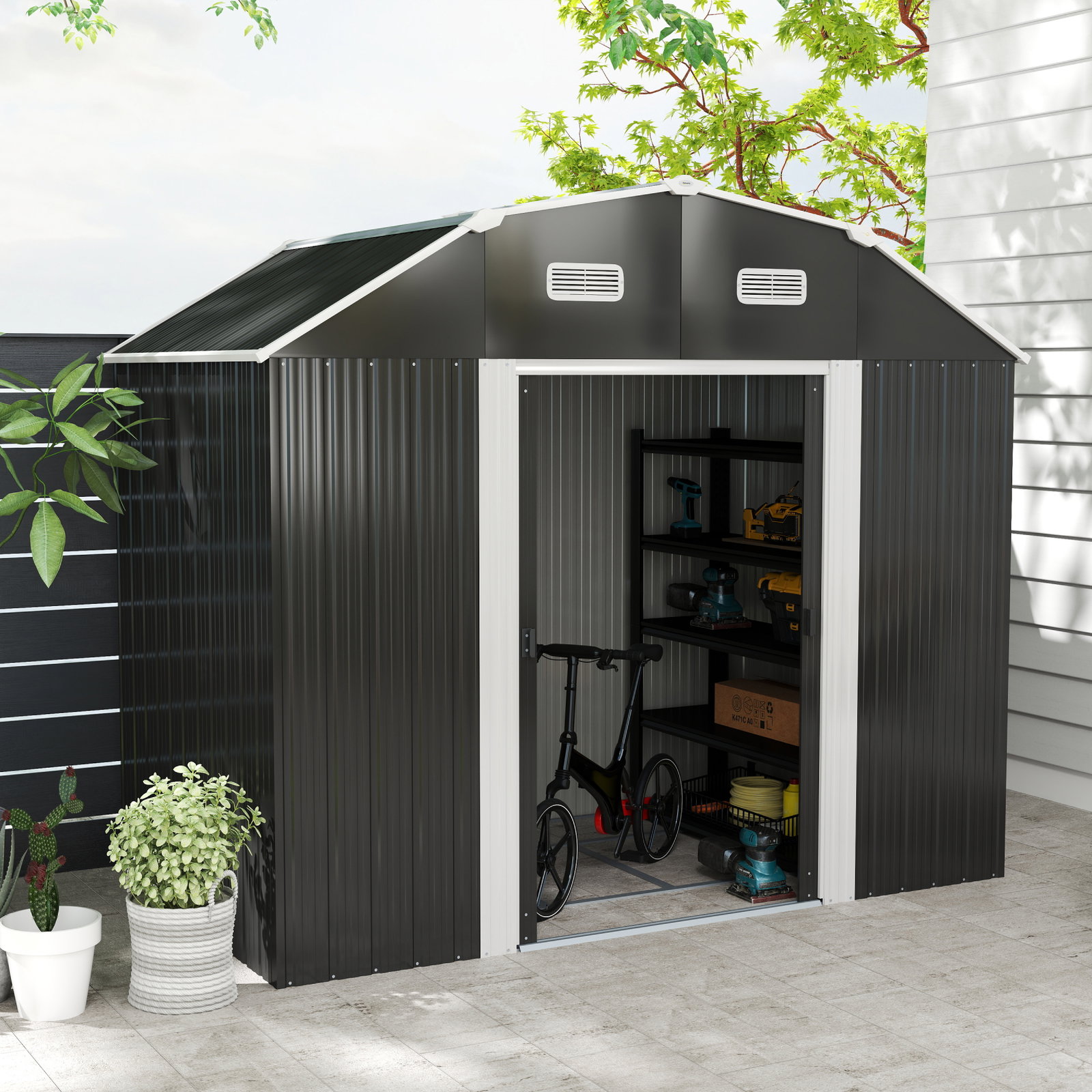 Abrigo de jardim 2,7 m² 238x132x198,5 cm com base prateleiras ajustáveis 2 portas e 2 janelas de ventilação cinza escuro