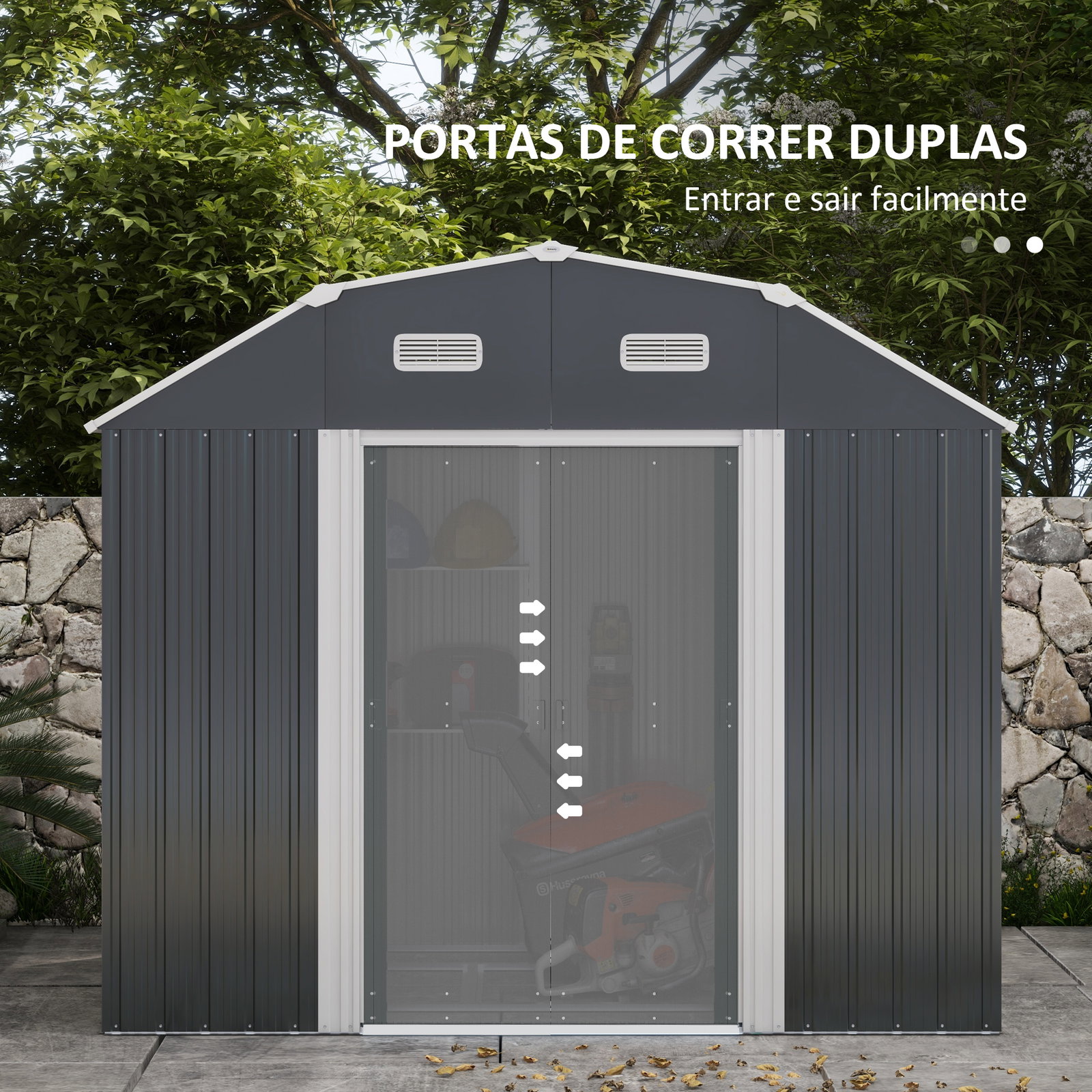 Abrigo de jardim 2,7 m² 238x132x198,5 cm com base prateleiras ajustáveis 2 portas e 2 janelas de ventilação cinza escuro
