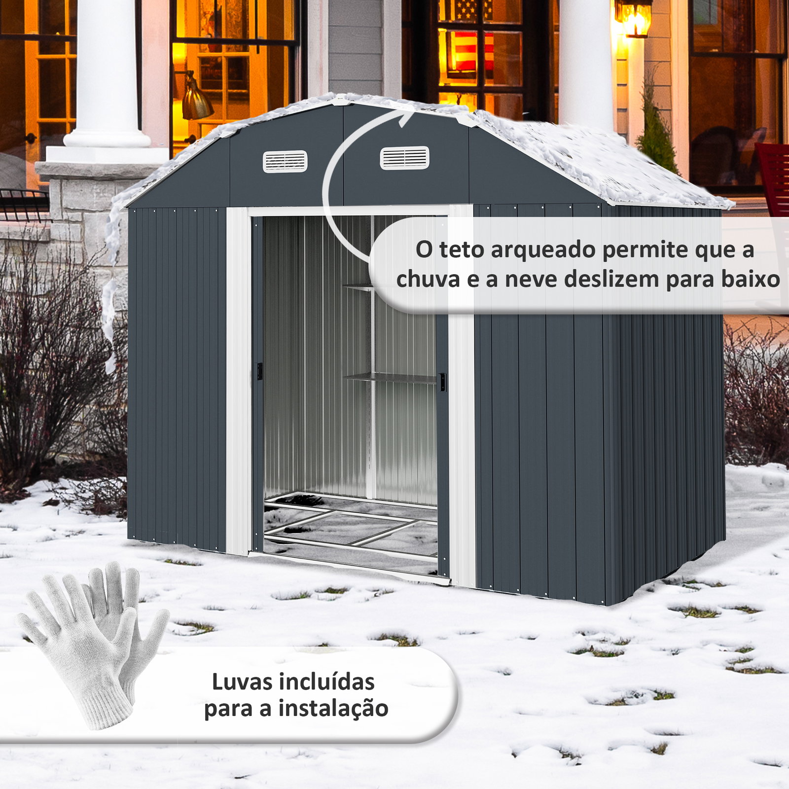 Abrigo de jardim 2,7 m² 238x132x198,5 cm com base prateleiras ajustáveis 2 portas e 2 janelas de ventilação cinza escuro