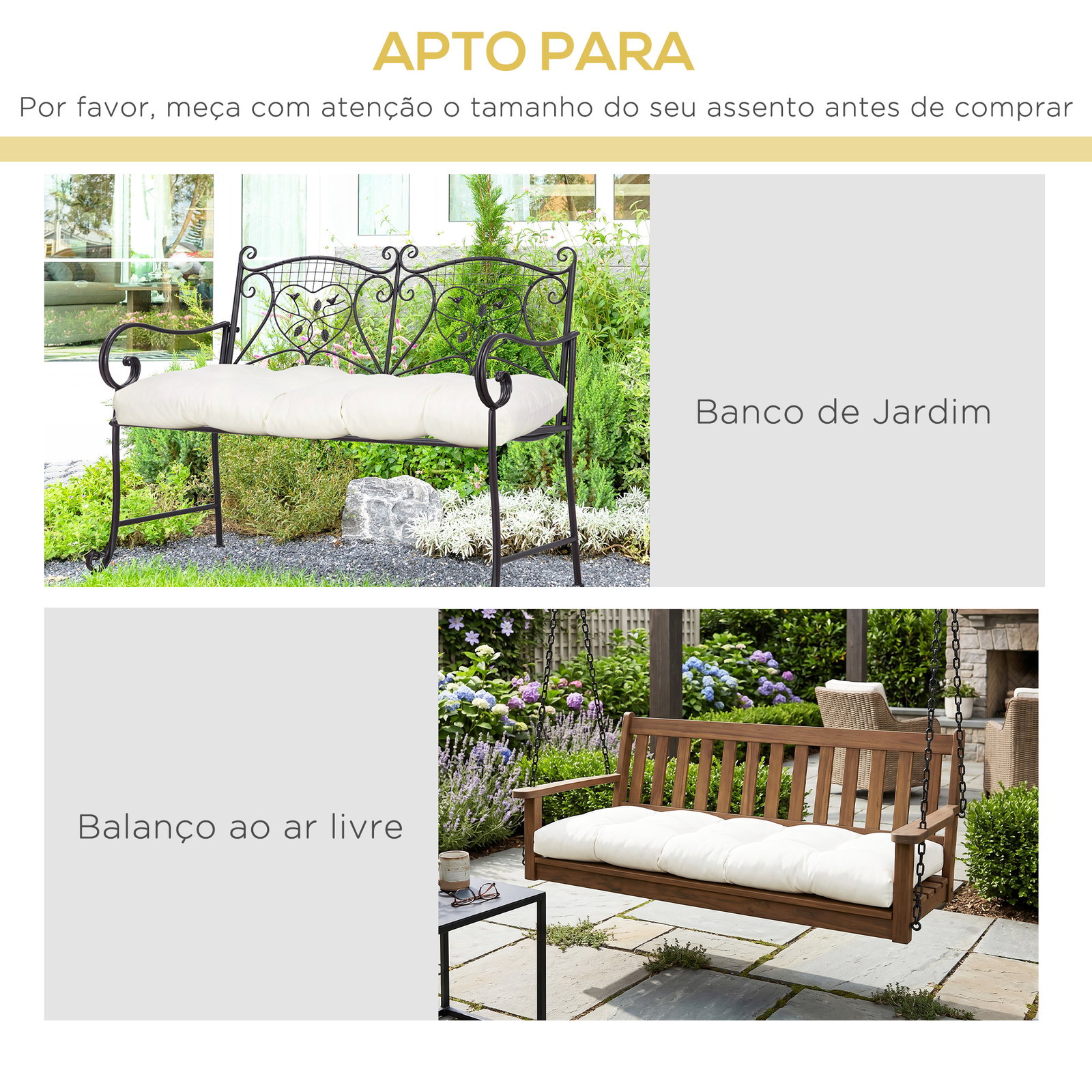 Almofada para bancos de 2 lugares almofada retangular para interiores e exteriores lavável 110x48x8cm creme