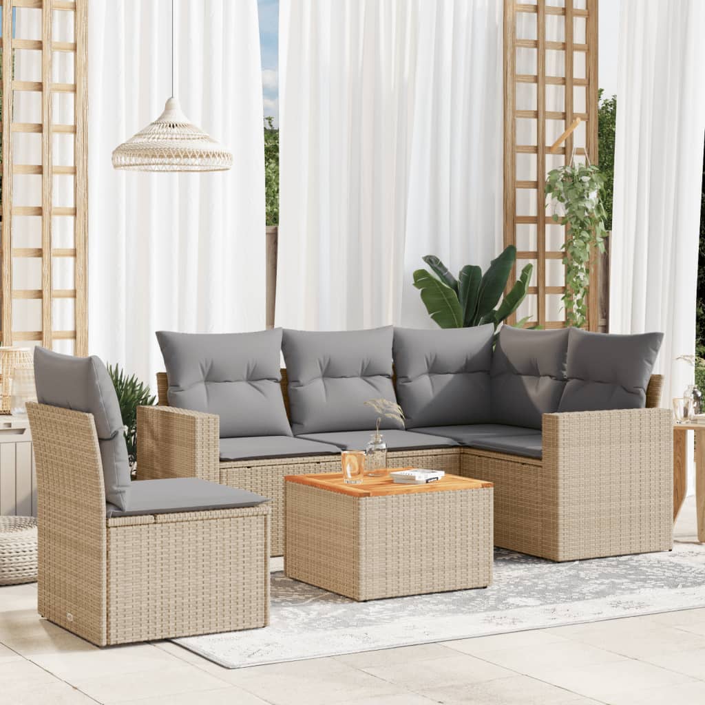 6 Pcs conj. sofás jardim c/ almofadões vime PE bege misturado