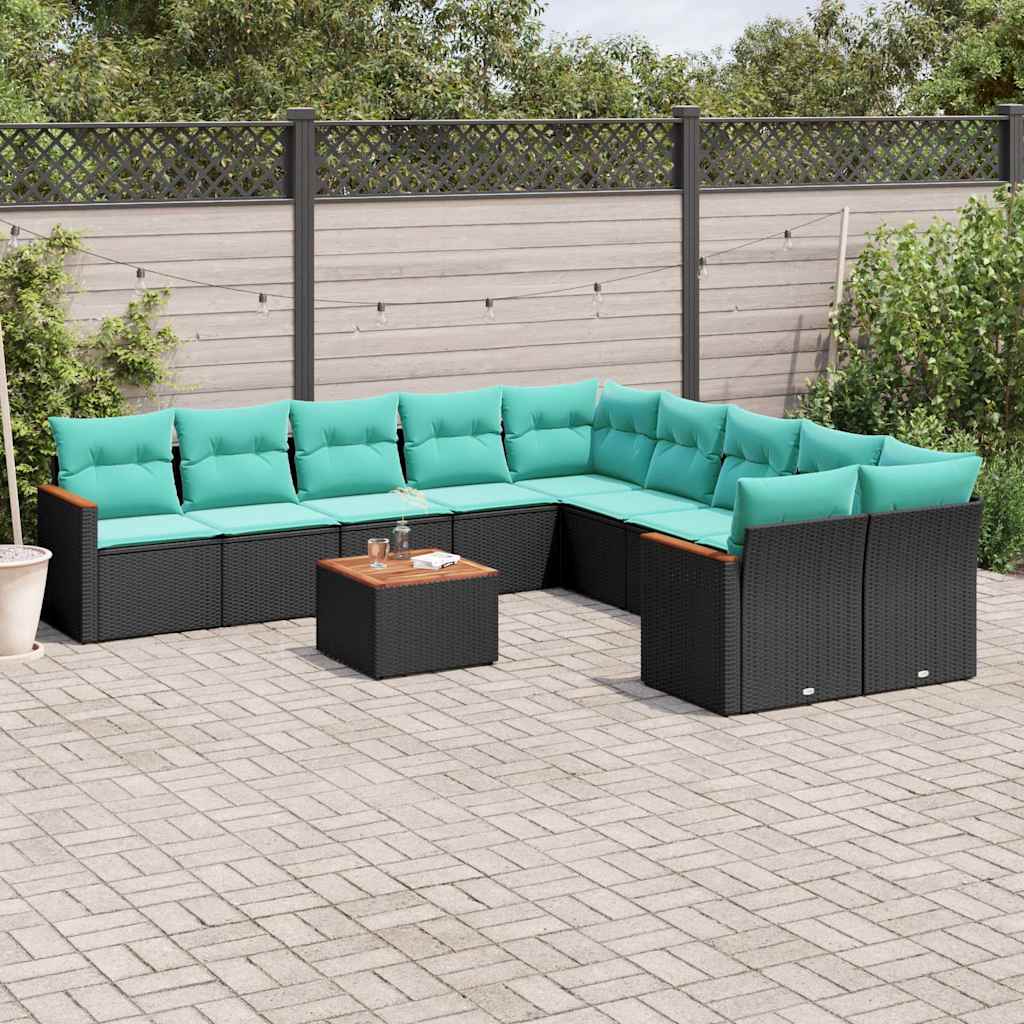 Conjunto de sofá de jardim com 11 peças e almofadas em rattan sintético preto
