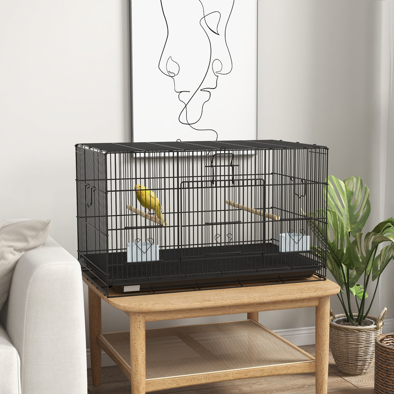 Gaiola para pássaros 77x46x45 cm gaiola de metal para pássaros com bandeja amovível 2 poleiros e 2 comedouros preto