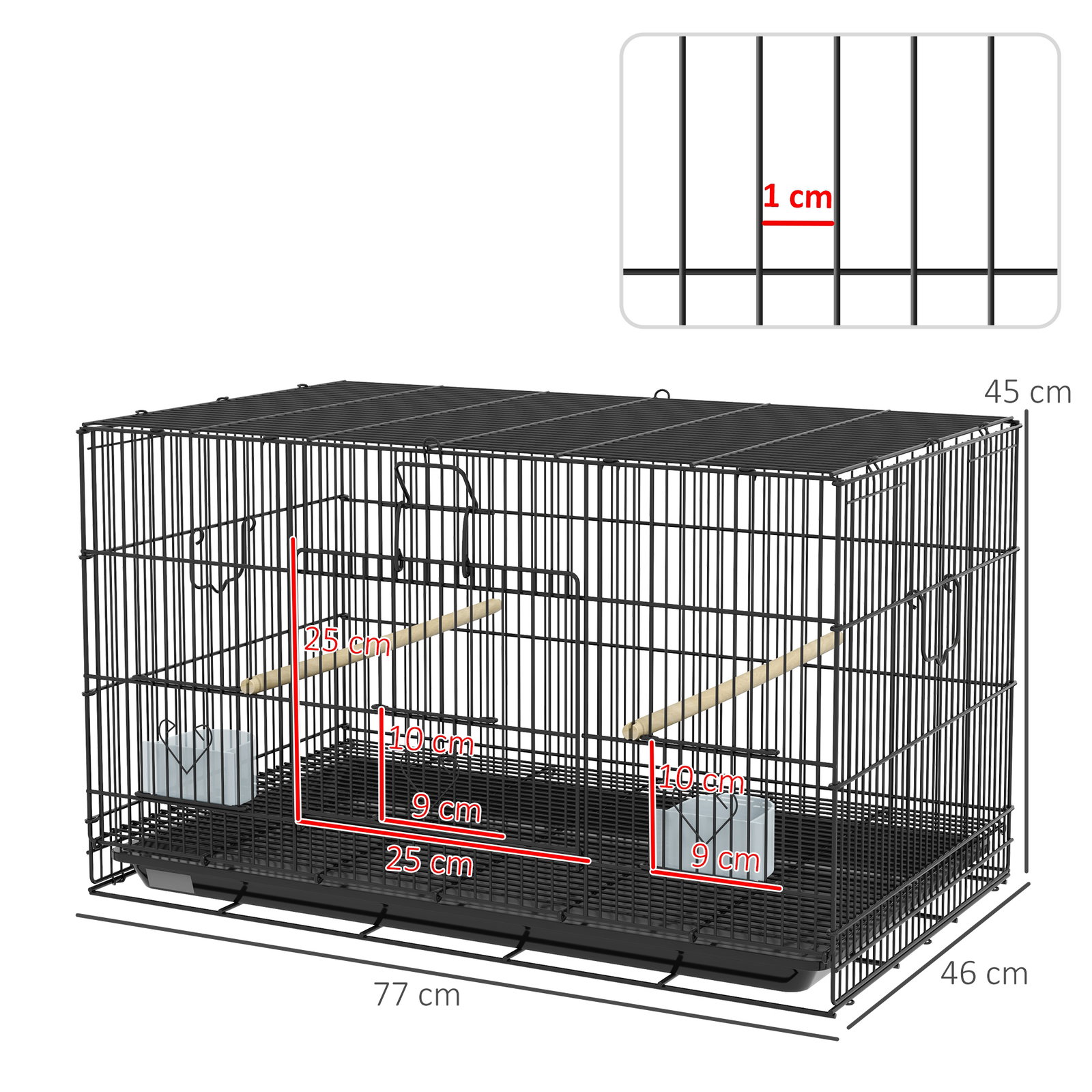 Gaiola para pássaros 77x46x45 cm gaiola de metal para pássaros com bandeja amovível 2 poleiros e 2 comedouros preto