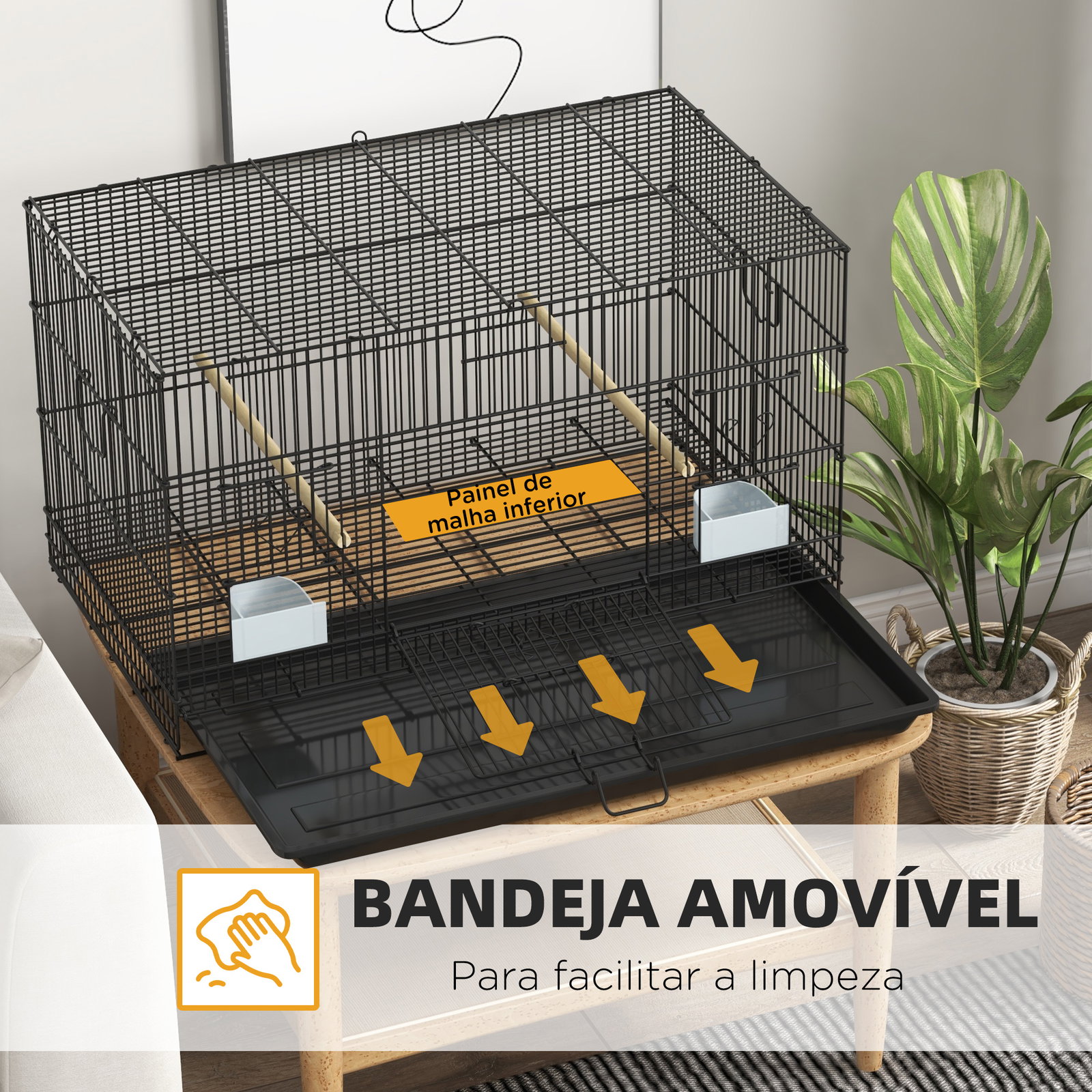 Gaiola para pássaros 77x46x45 cm gaiola de metal para pássaros com bandeja amovível 2 poleiros e 2 comedouros preto
