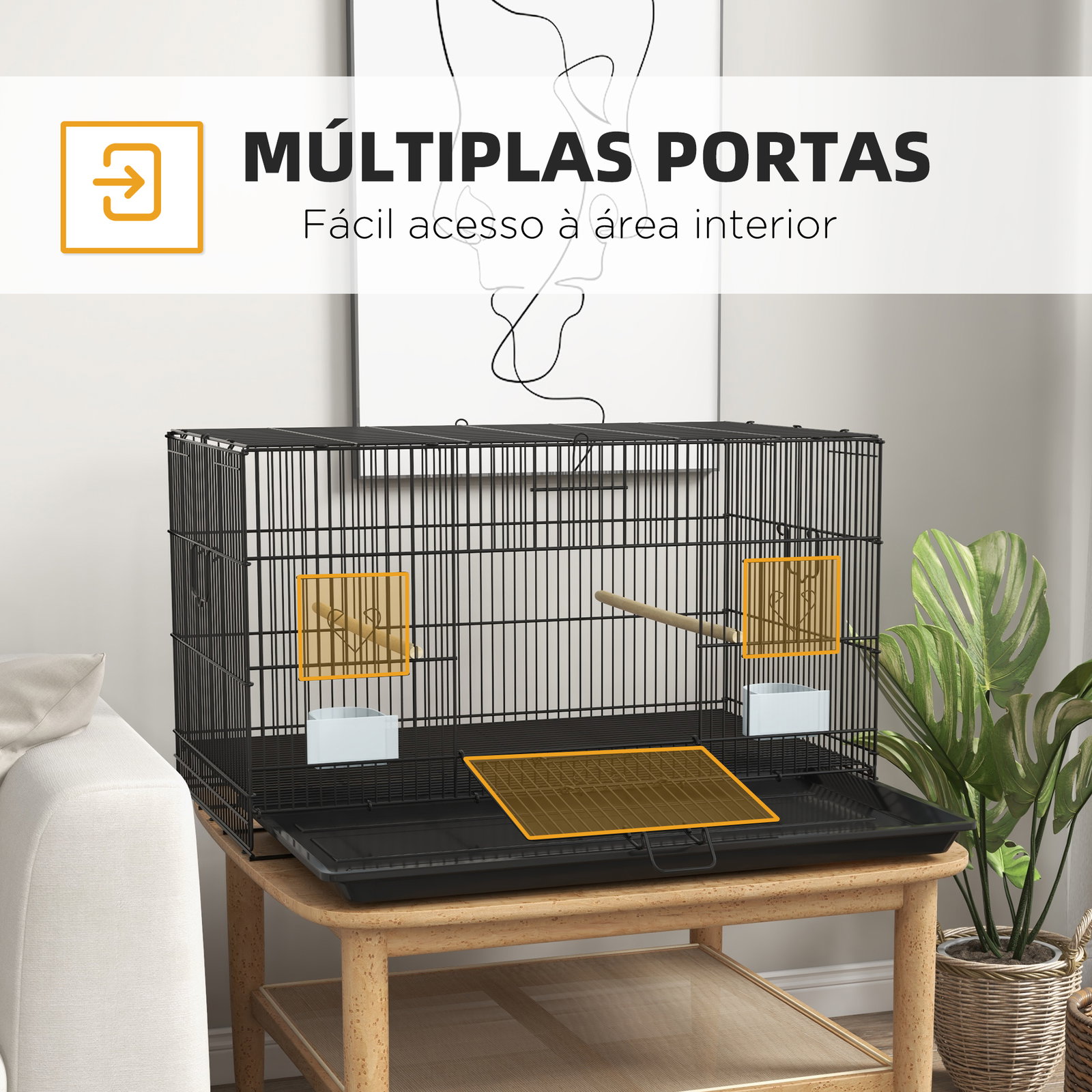 Gaiola para pássaros 77x46x45 cm gaiola de metal para pássaros com bandeja amovível 2 poleiros e 2 comedouros preto