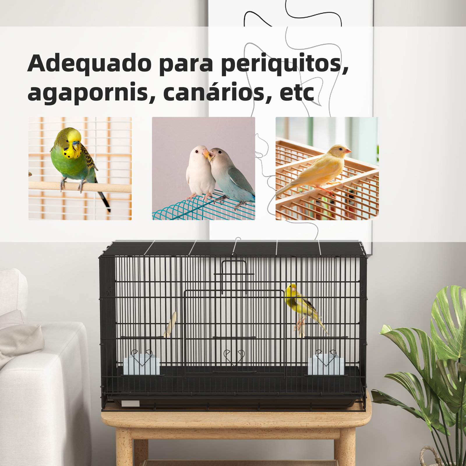 Gaiola para pássaros 77x46x45 cm gaiola de metal para pássaros com bandeja amovível 2 poleiros e 2 comedouros preto
