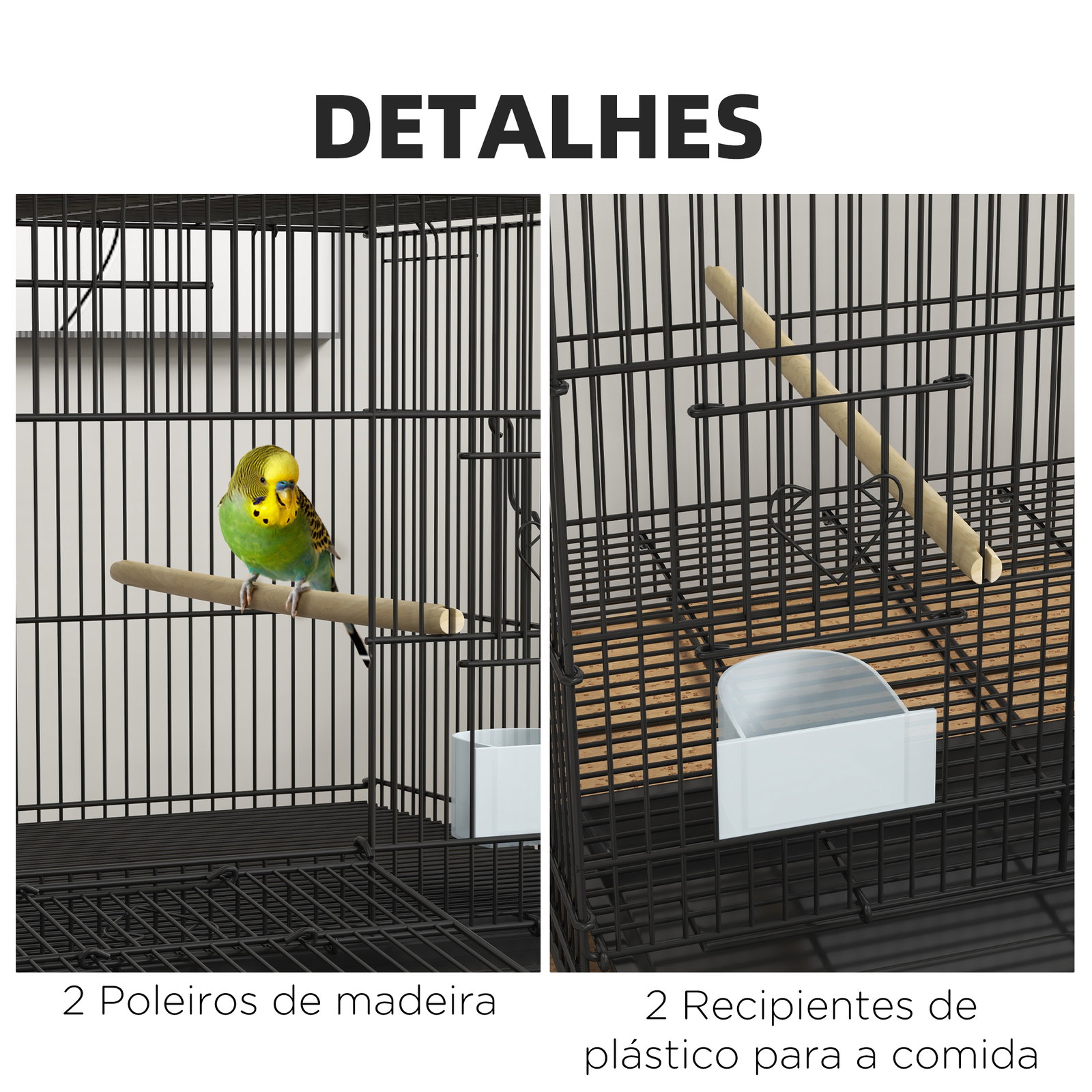 Gaiola para pássaros 77x46x45 cm gaiola de metal para pássaros com bandeja amovível 2 poleiros e 2 comedouros preto