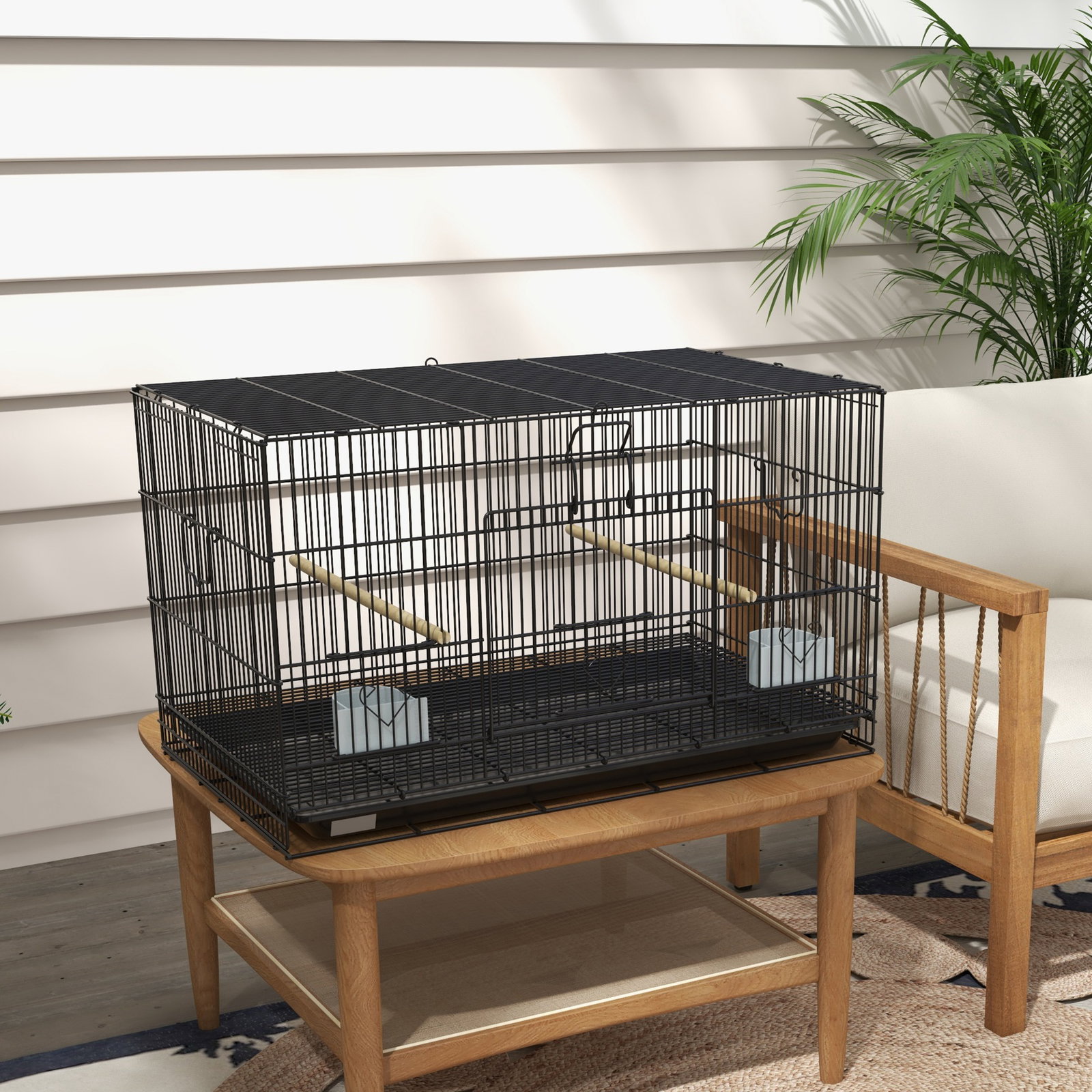 Gaiola para pássaros 77x46x45 cm gaiola de metal para pássaros com bandeja amovível 2 poleiros e 2 comedouros preto