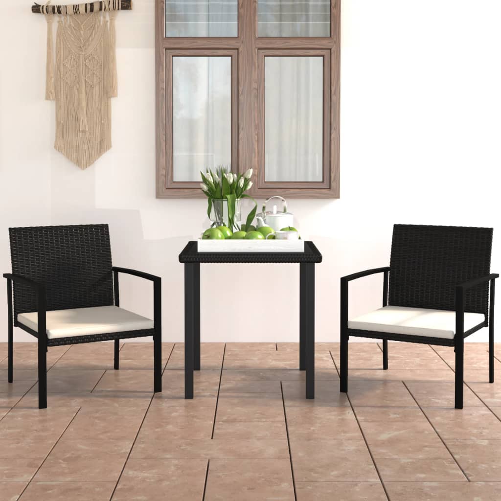 3 Pcs conjunto de jantar para jardim vime PE preto