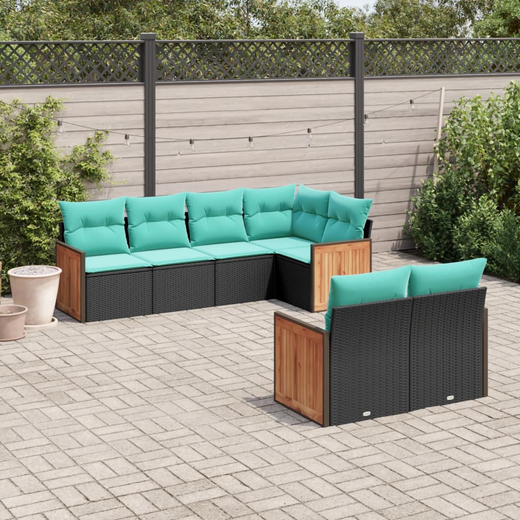 Conjunto de sofá de jardim com 7 peças e almofadas em rattan sintético preto