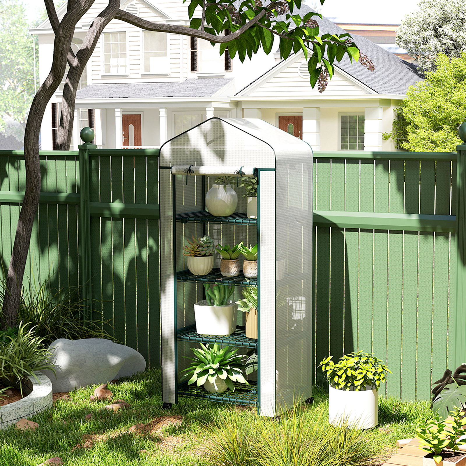 Estufa de jardim com 4 prateleiras e cobertura de PE estufa de aço para cultivo de plantas flores 69x50x165 cm branco