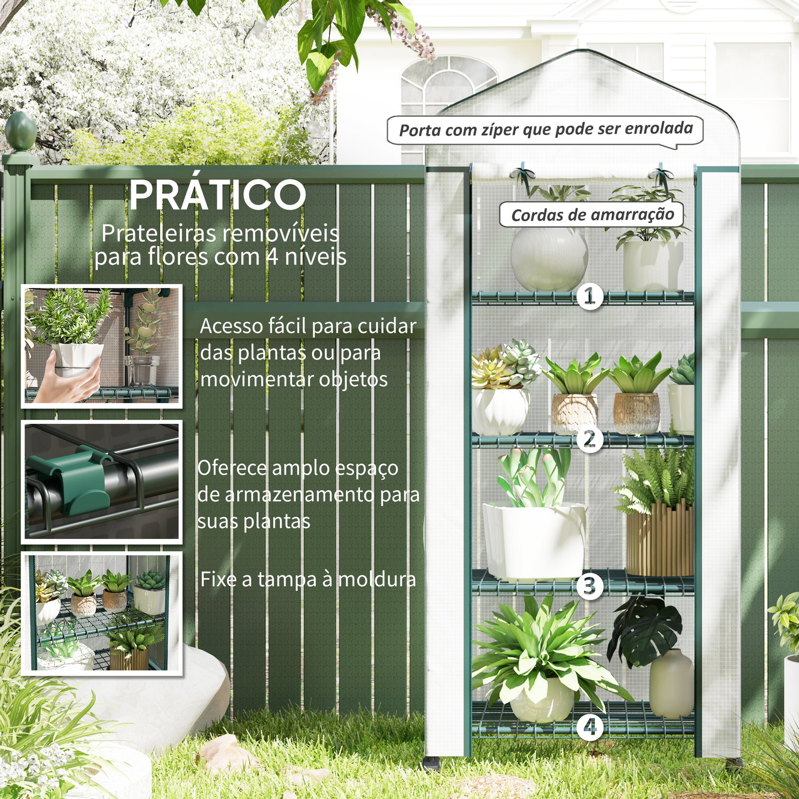 Estufa de jardim com 4 prateleiras e cobertura de PE estufa de aço para cultivo de plantas flores 69x50x165 cm branco
