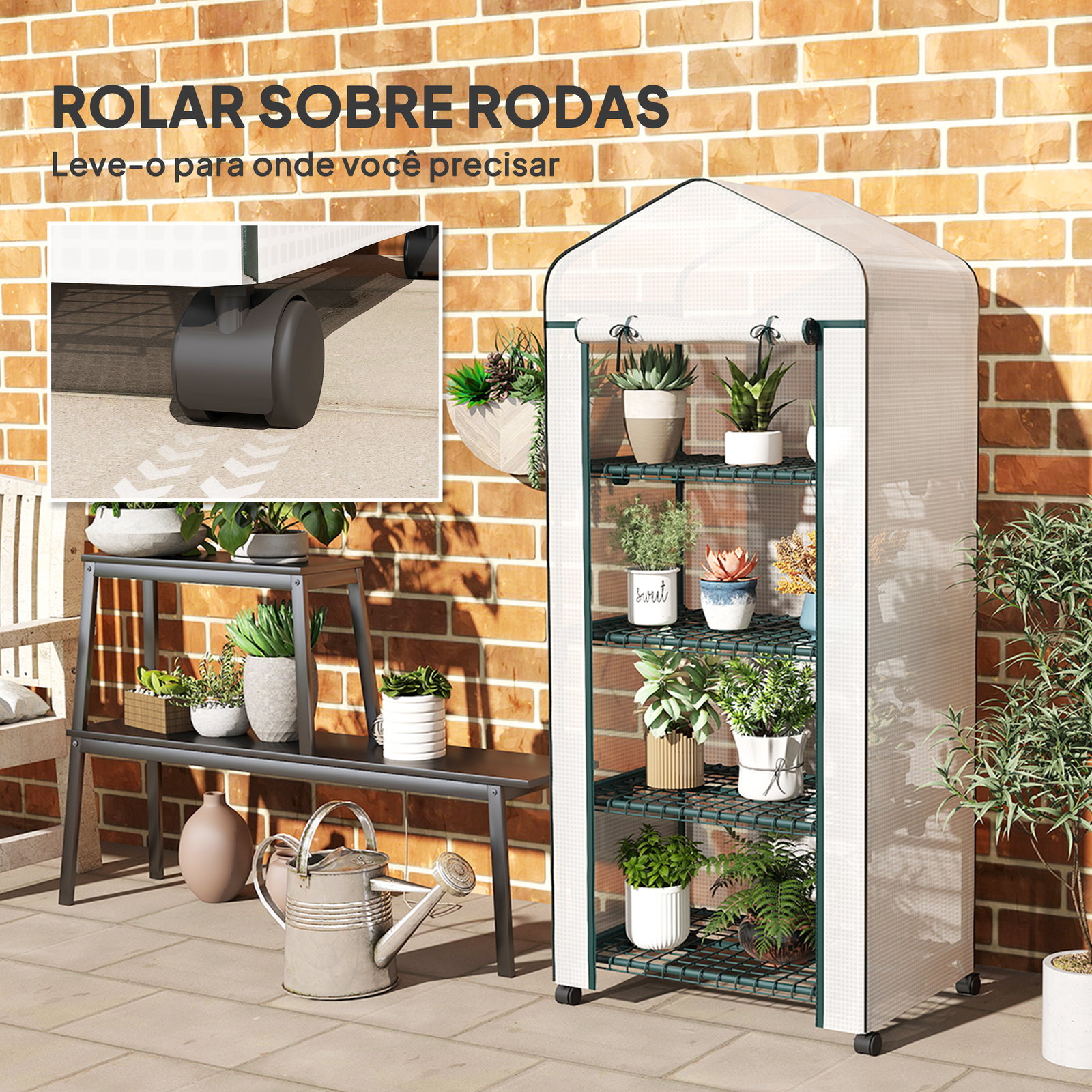 Estufa de jardim com 4 prateleiras e cobertura de PE estufa de aço para cultivo de plantas flores 69x50x165 cm branco
