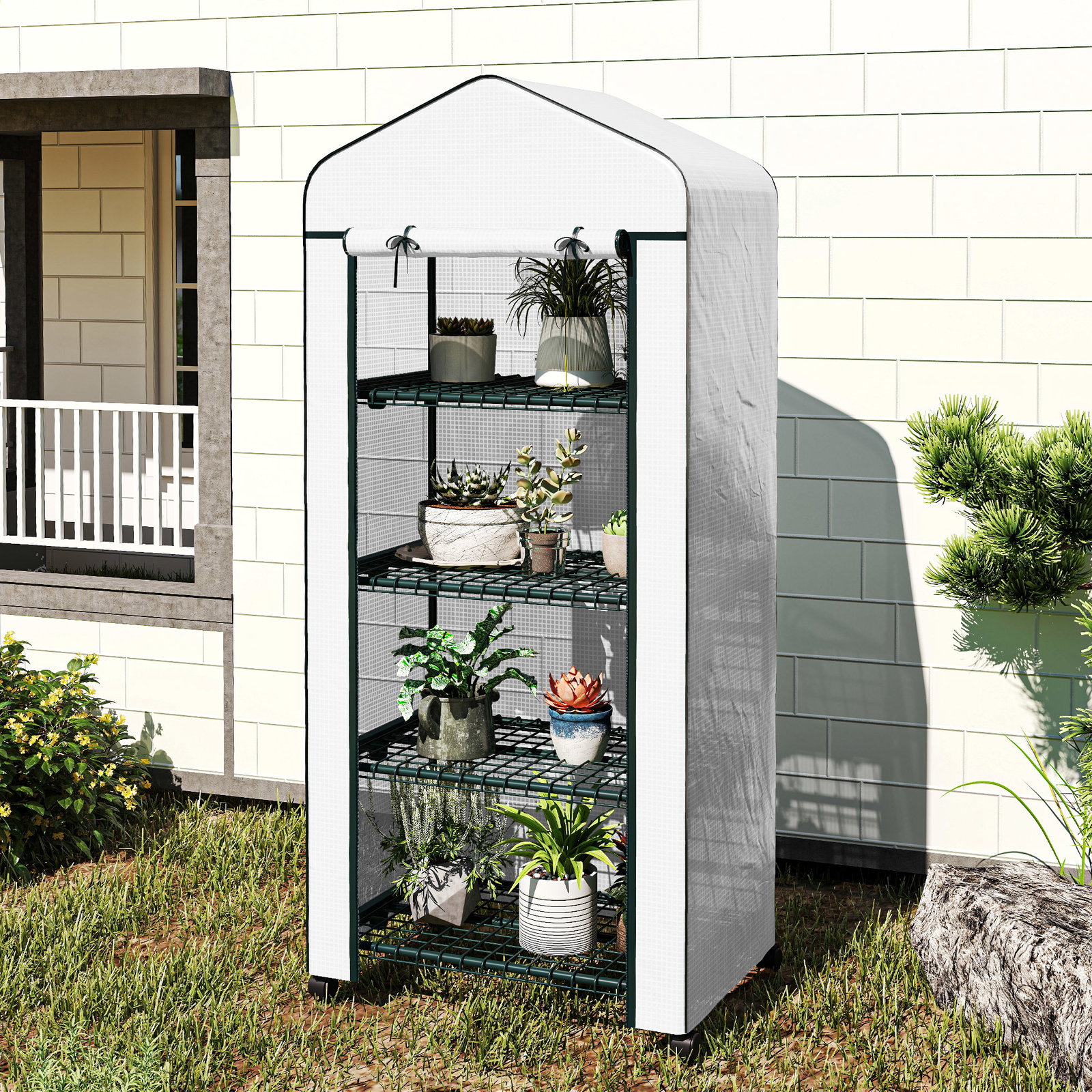 Estufa de jardim com 4 prateleiras e cobertura de PE estufa de aço para cultivo de plantas flores 69x50x165 cm branco