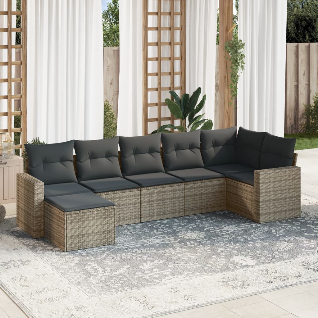 7 Pcs conjunto sofás p/ jardim c/ almofadões vime PE cinzento
