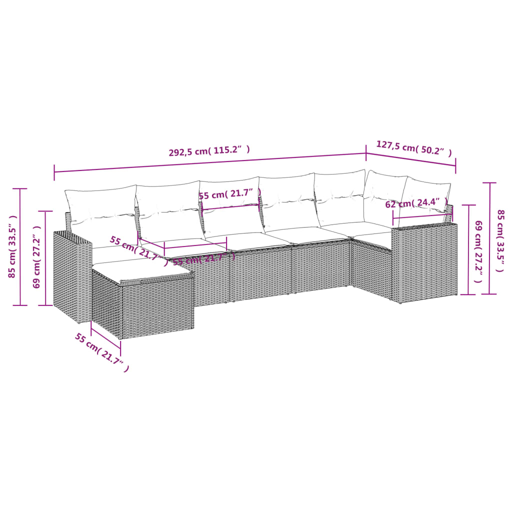 7 Pcs conjunto sofás p/ jardim c/ almofadões vime PE cinzento