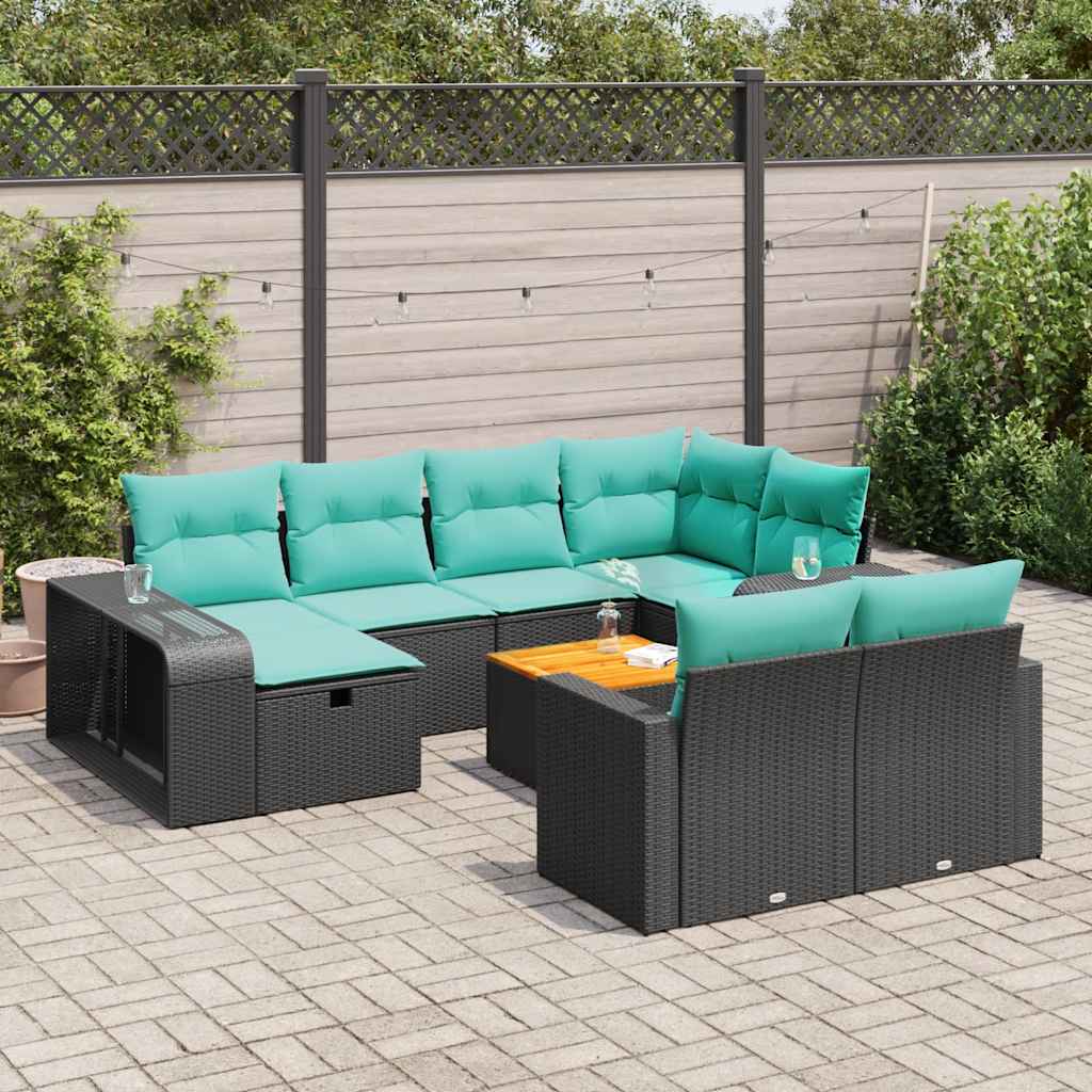 11 Pcs conjunto sofás de jardim c/ almofadões vime PE preto