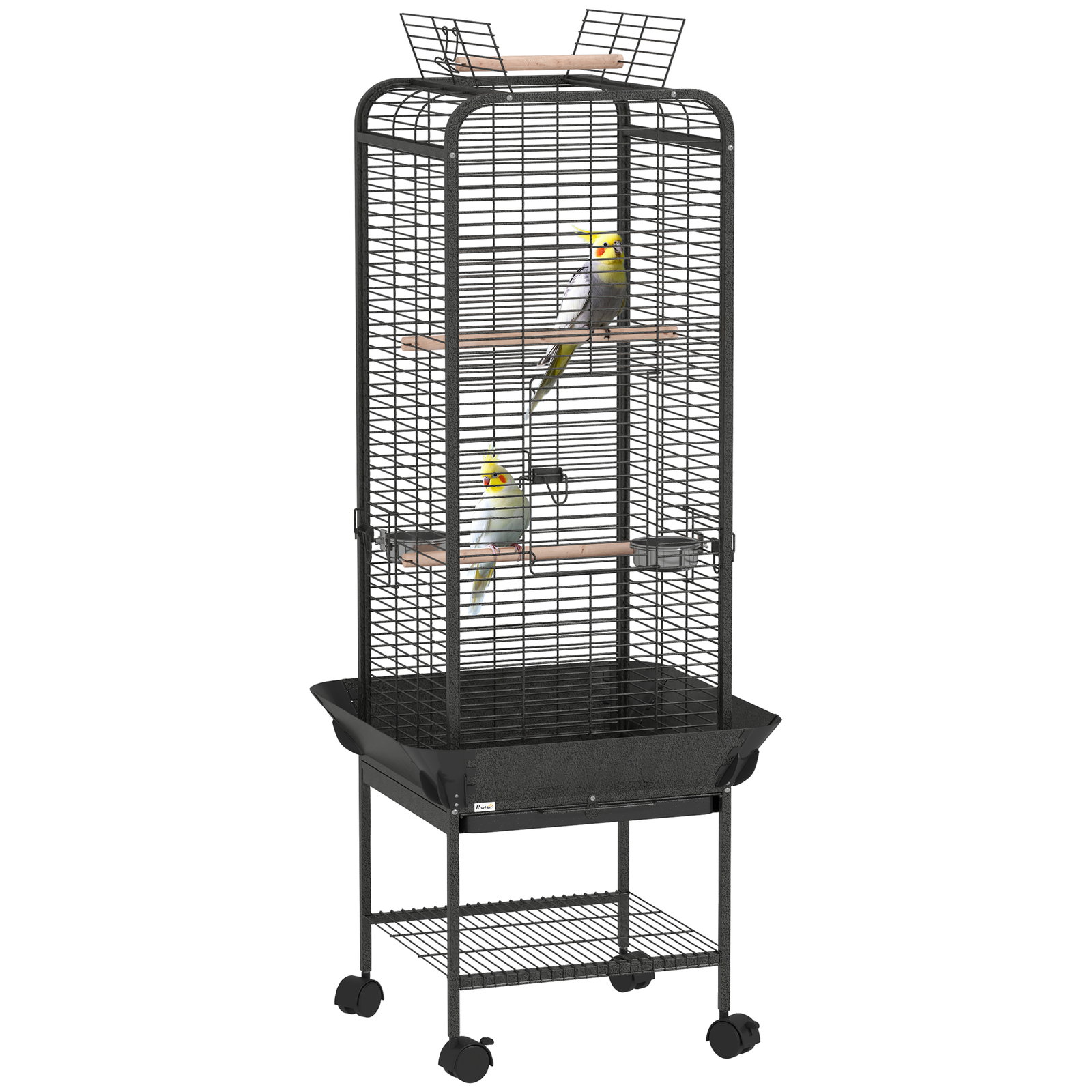 Gaiola para pássaros com rodas poleiros comedouros prateleira e bandeja amovível 62,5x62,5x146 cm cinza escuro