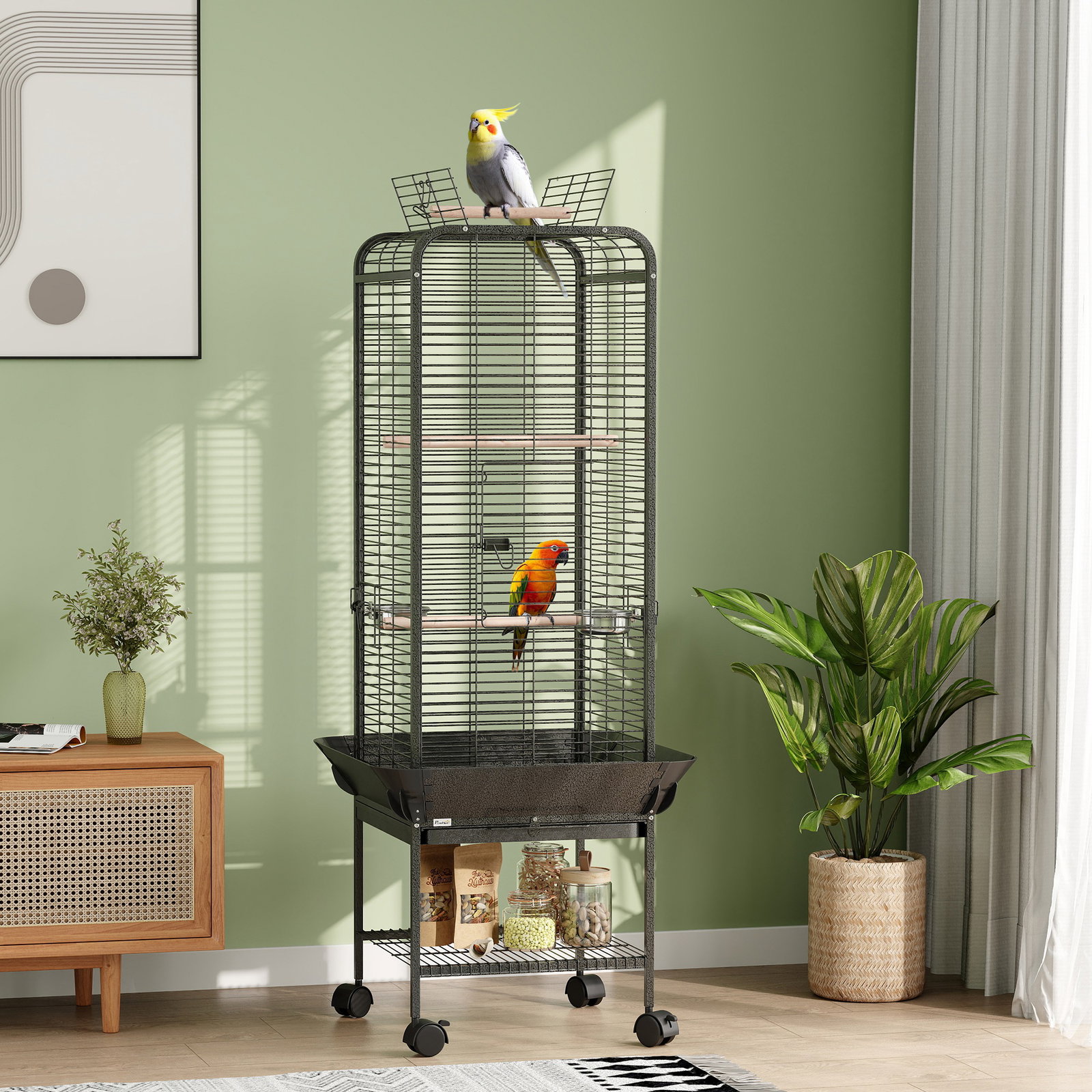 Gaiola para pássaros com rodas poleiros comedouros prateleira e bandeja amovível 62,5x62,5x146 cm cinza escuro