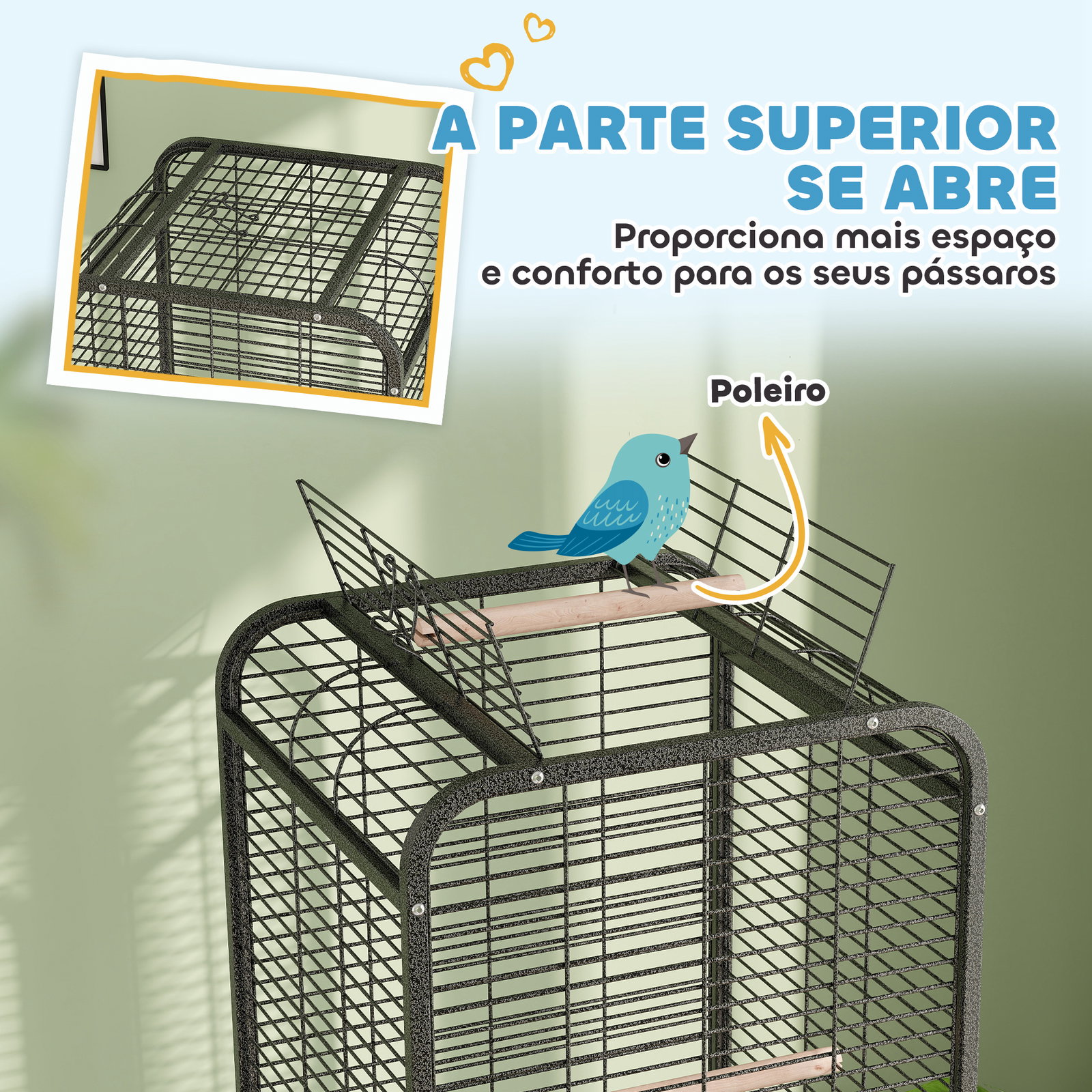 Gaiola para pássaros com rodas poleiros comedouros prateleira e bandeja amovível 62,5x62,5x146 cm cinza escuro