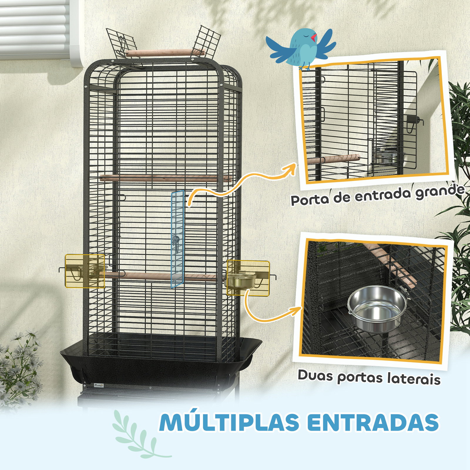 Gaiola para pássaros com rodas poleiros comedouros prateleira e bandeja amovível 62,5x62,5x146 cm cinza escuro