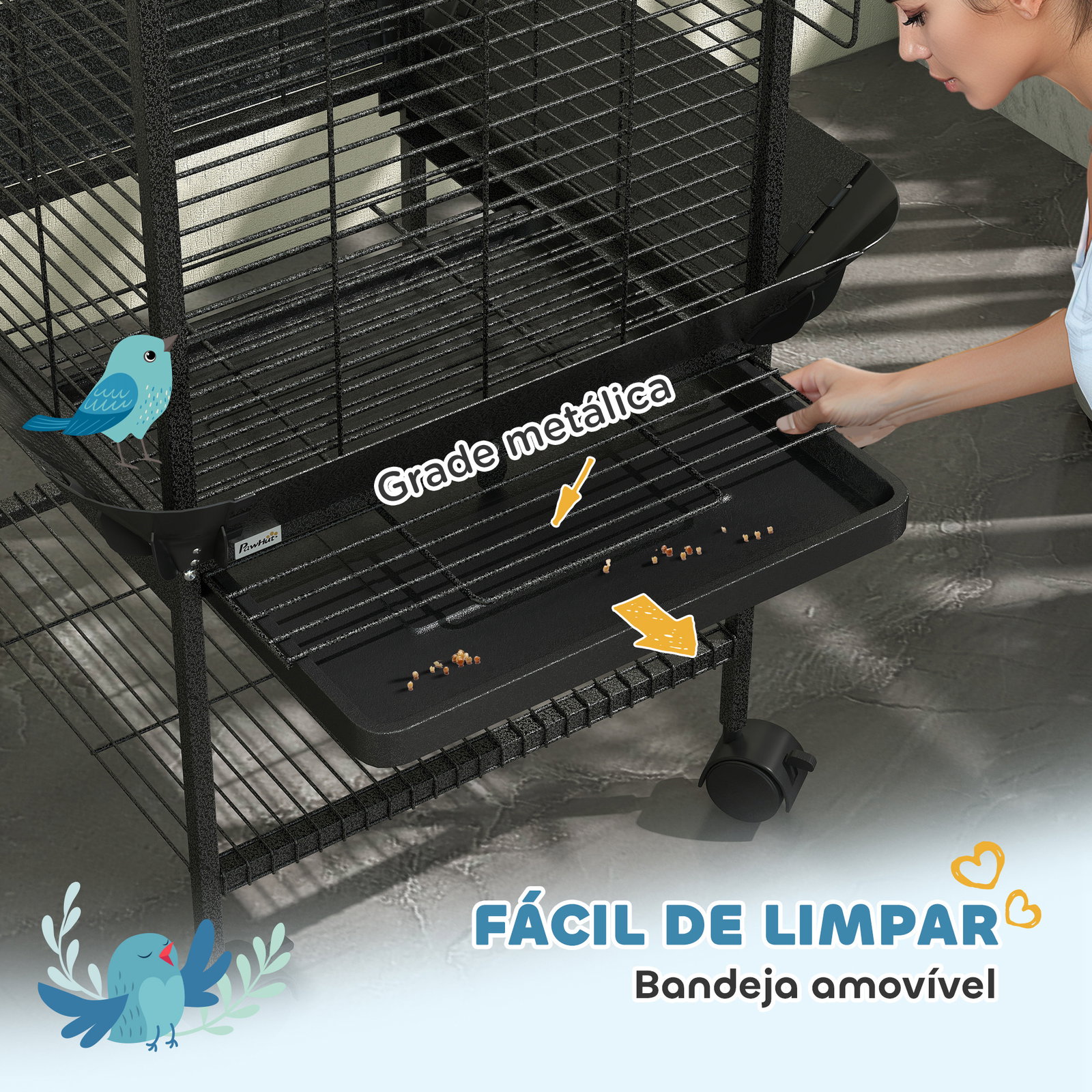 Gaiola para pássaros com rodas poleiros comedouros prateleira e bandeja amovível 62,5x62,5x146 cm cinza escuro