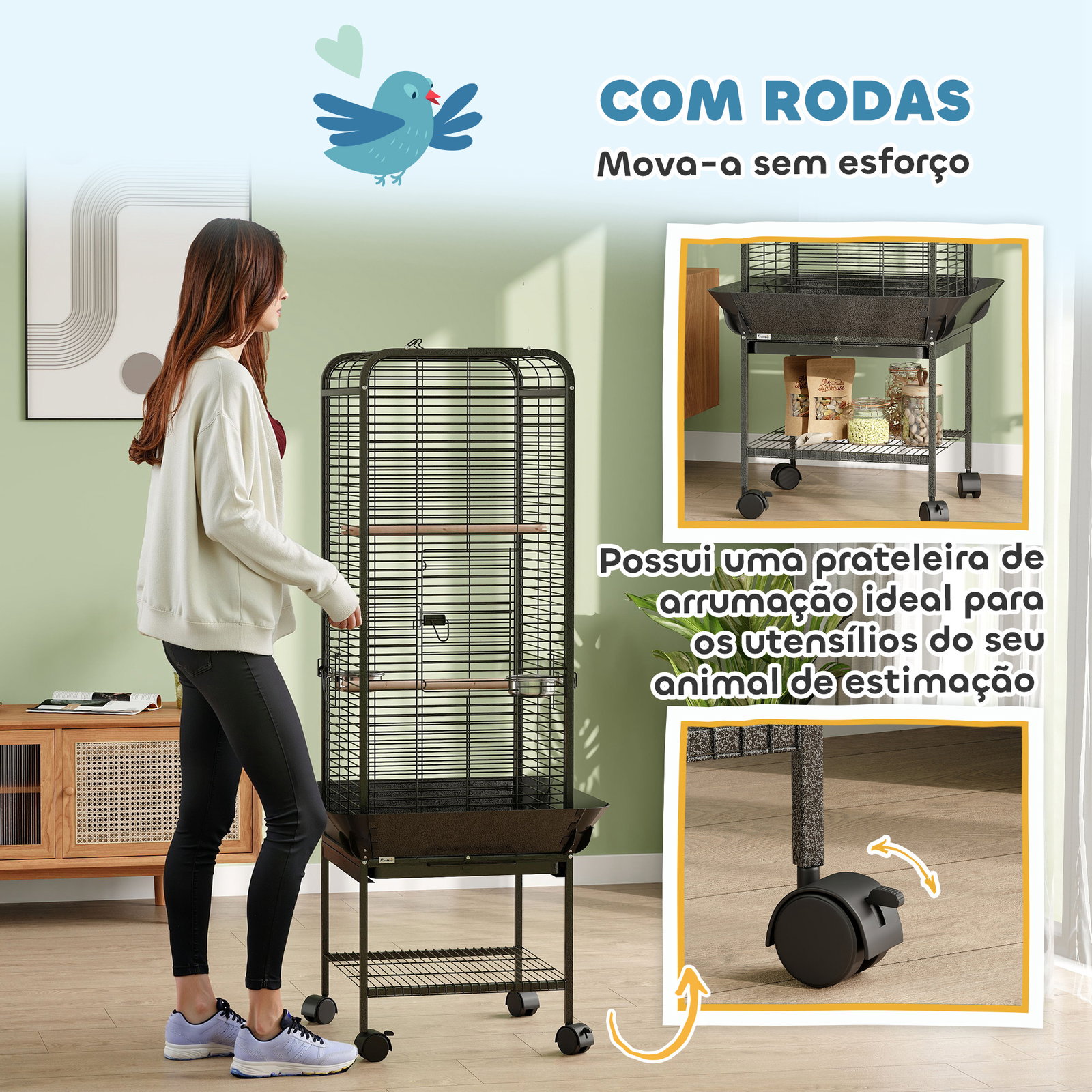 Gaiola para pássaros com rodas poleiros comedouros prateleira e bandeja amovível 62,5x62,5x146 cm cinza escuro