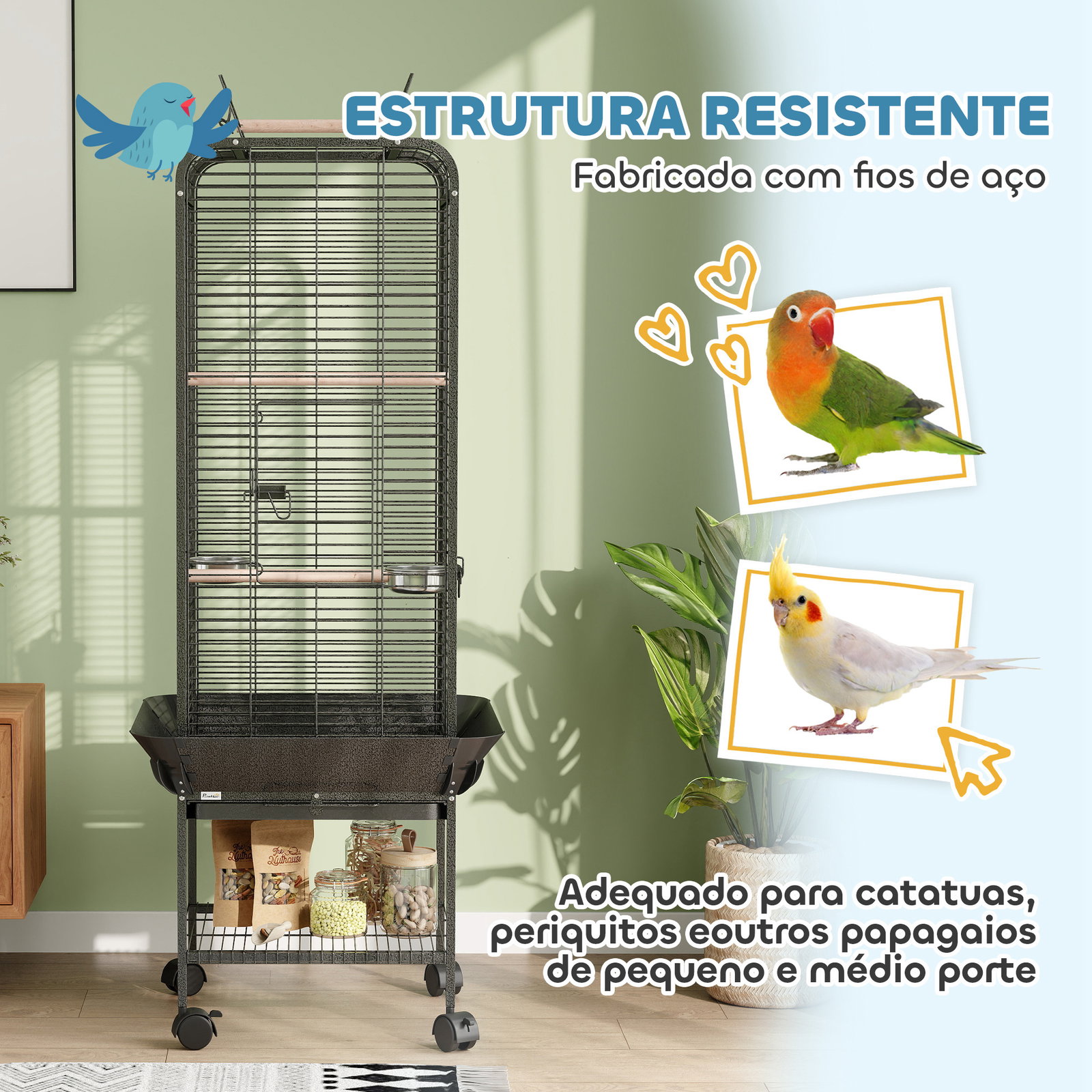 Gaiola para pássaros com rodas poleiros comedouros prateleira e bandeja amovível 62,5x62,5x146 cm cinza escuro