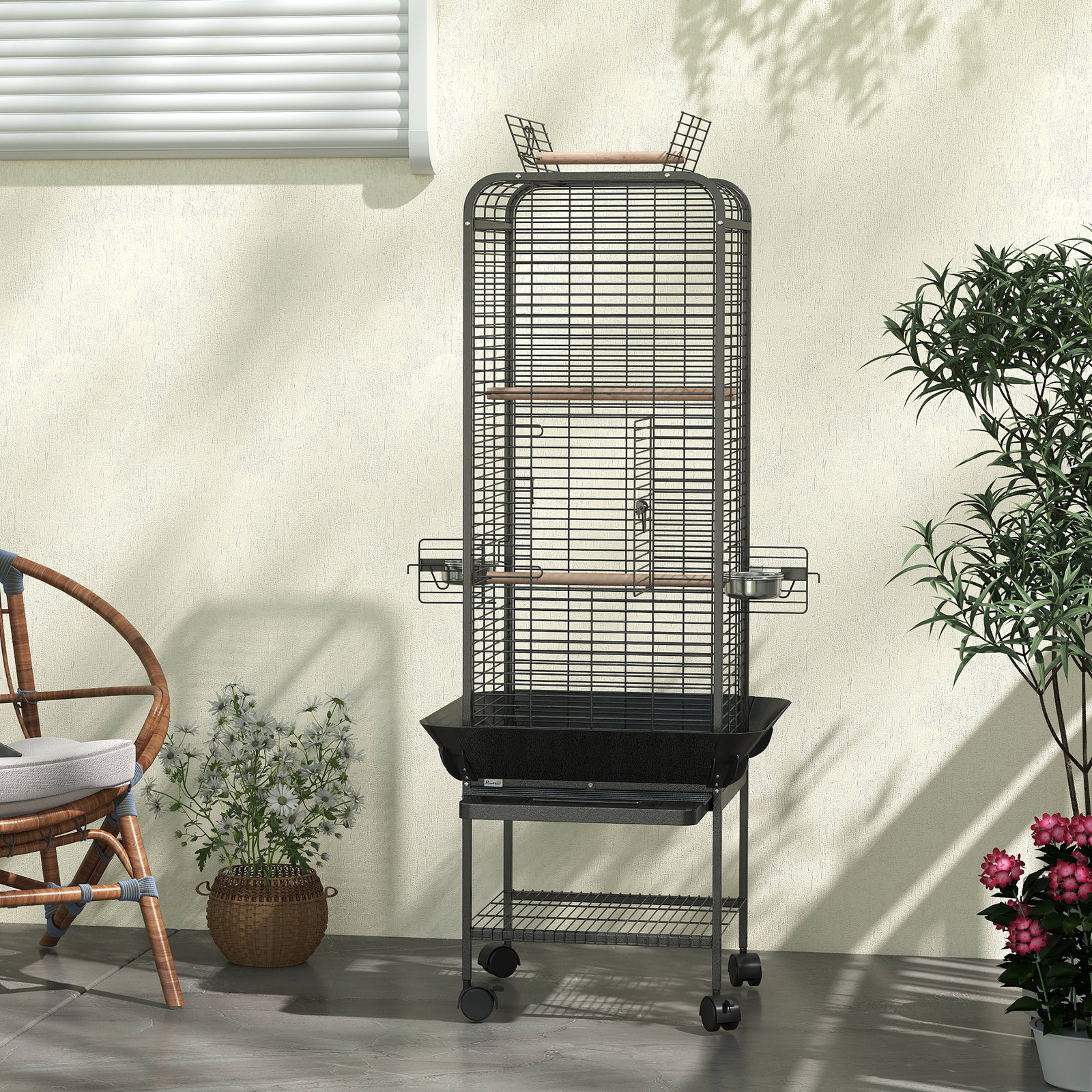 Gaiola para pássaros com rodas poleiros comedouros prateleira e bandeja amovível 62,5x62,5x146 cm cinza escuro