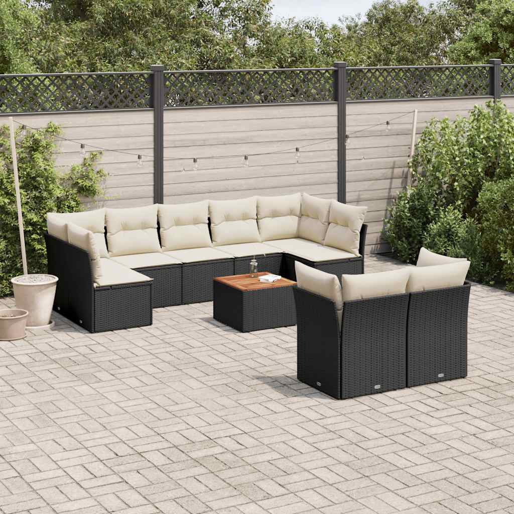10 Pcs conjunto sofás de jardim c/ almofadões vime PE preto