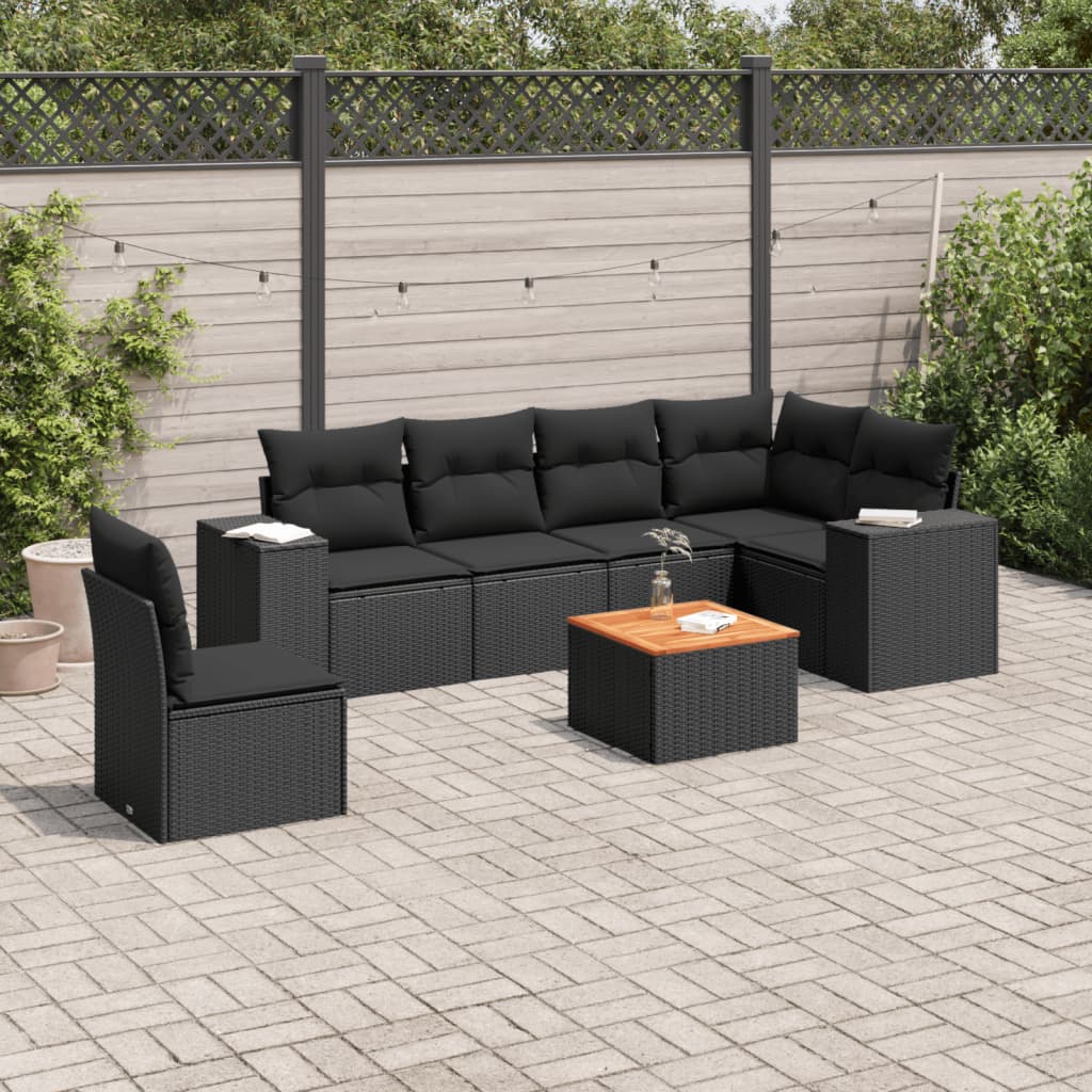 7 Pcs conjunto de sofás p/ jardim c/ almofadões vime PE preto