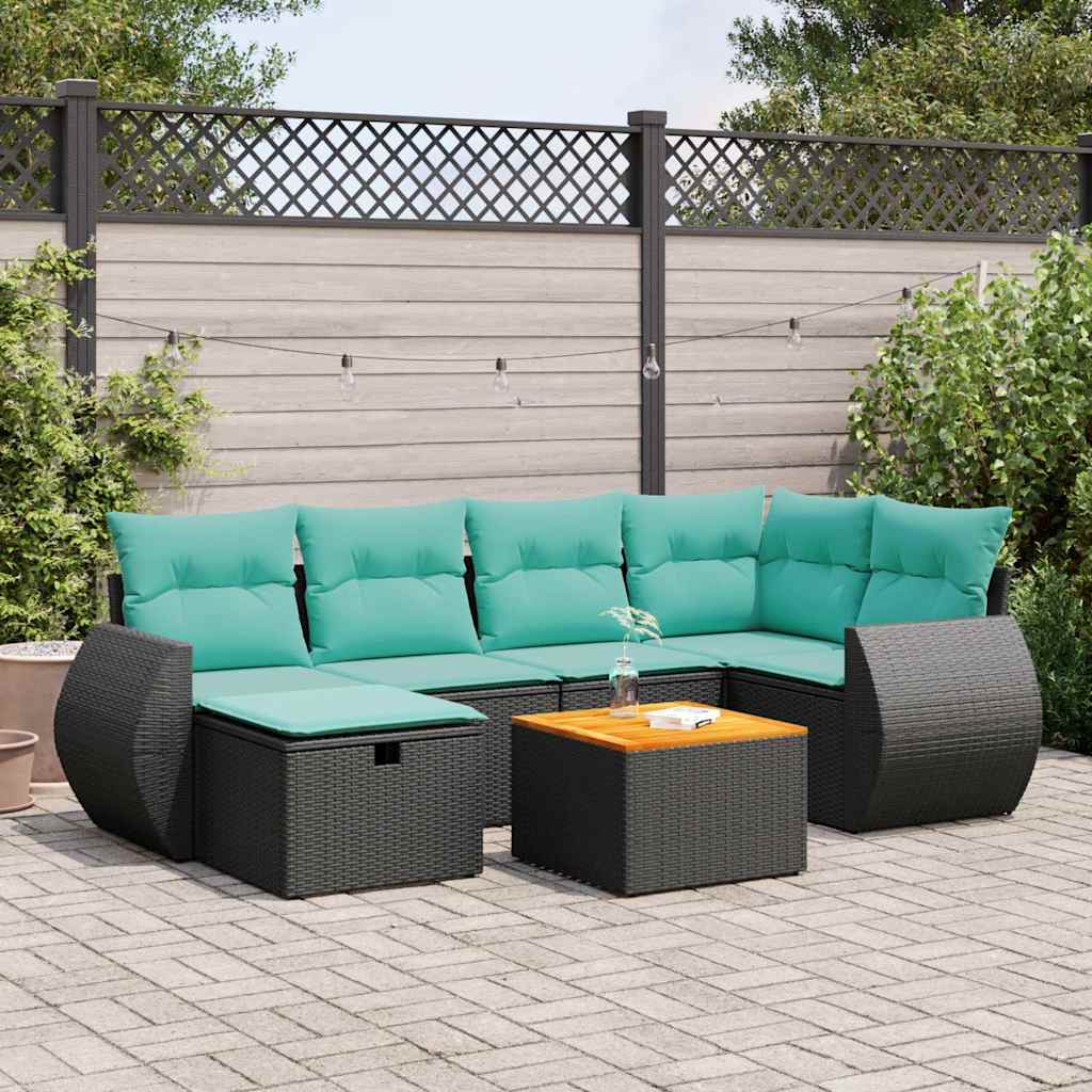7 Pcs conjunto de sofás p/ jardim c/ almofadões vime PE preto