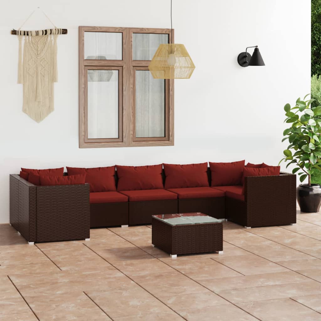 8 Pcs conjunto lounge jardim c/ almofadões vime PE castanho