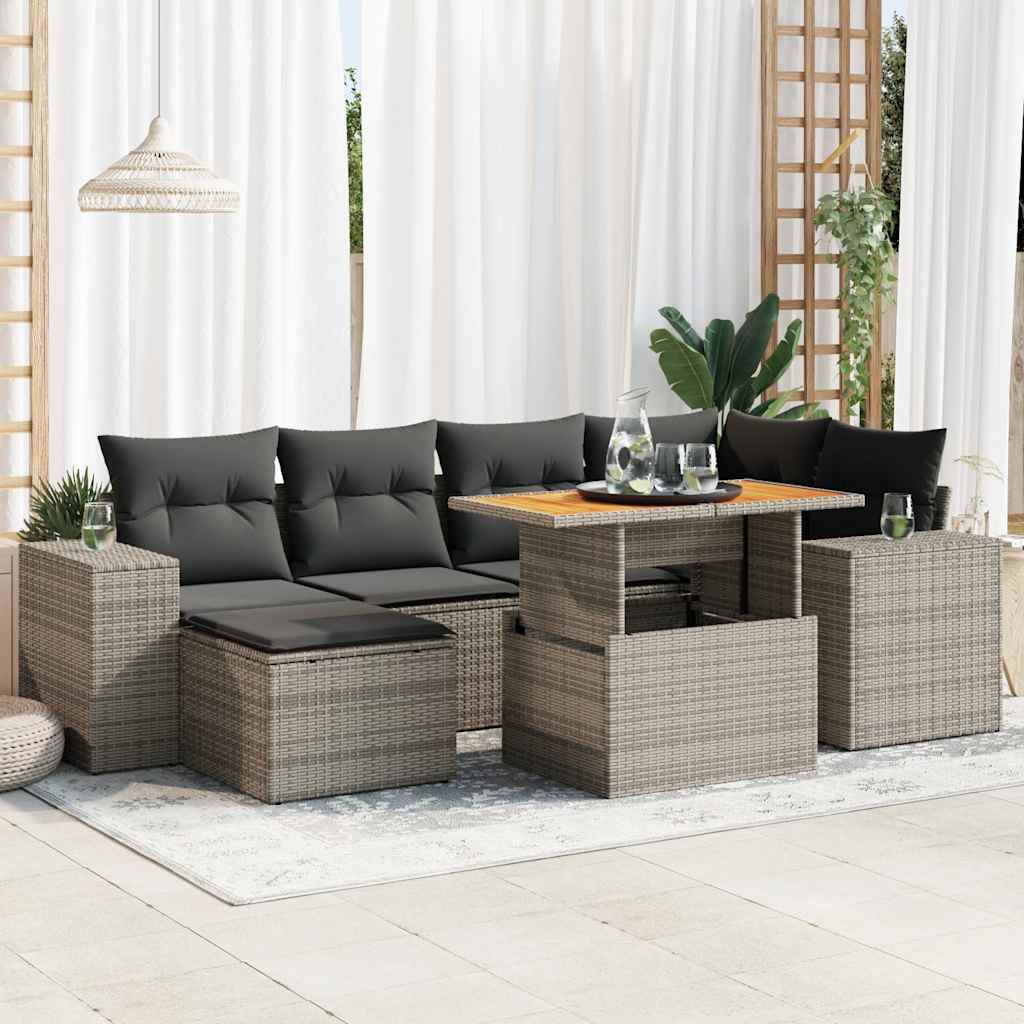 7 Pcs conjunto sofás p/ jardim c/ almofadões vime PE cinzento