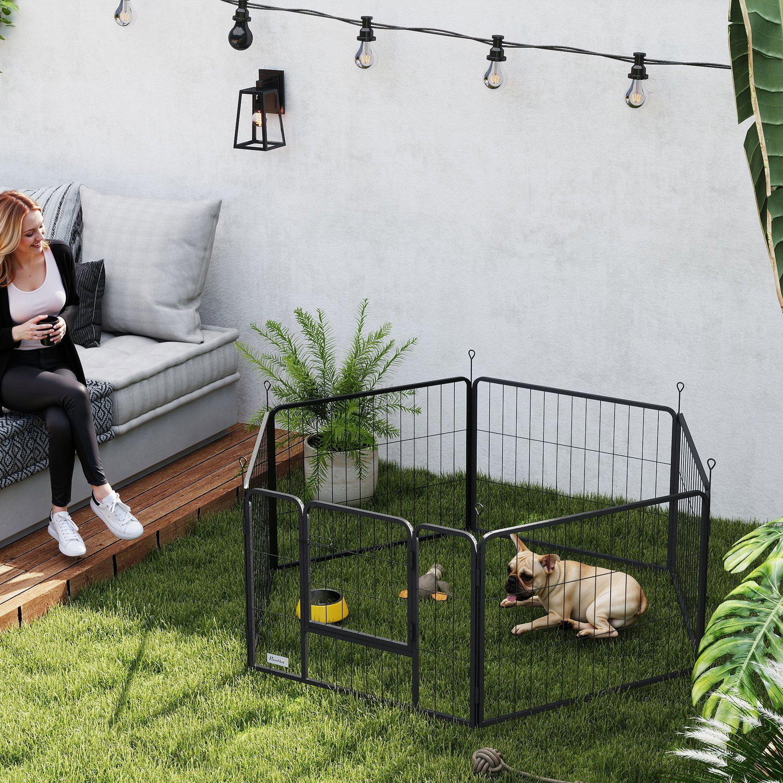 Parque para cães de 6 painéis de 60 cm de altura vedações para cães de aço dobrável com porta para interior e exterior preto