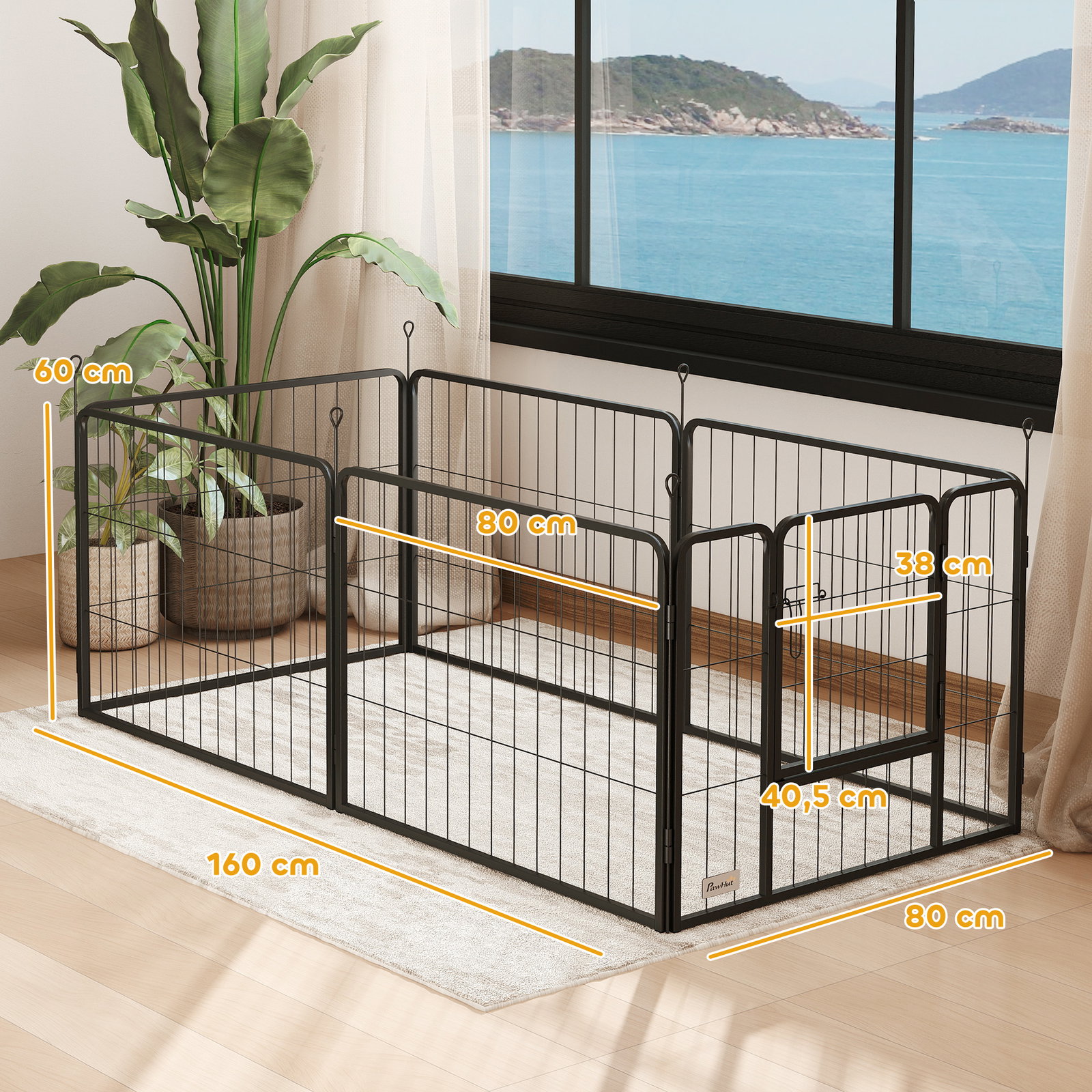 Parque para cães de 6 painéis de 60 cm de altura vedações para cães de aço dobrável com porta para interior e exterior preto