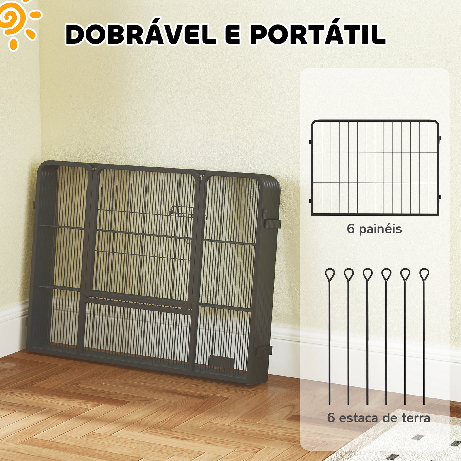 Parque para cães de 6 painéis de 60 cm de altura vedações para cães de aço dobrável com porta para interior e exterior preto
