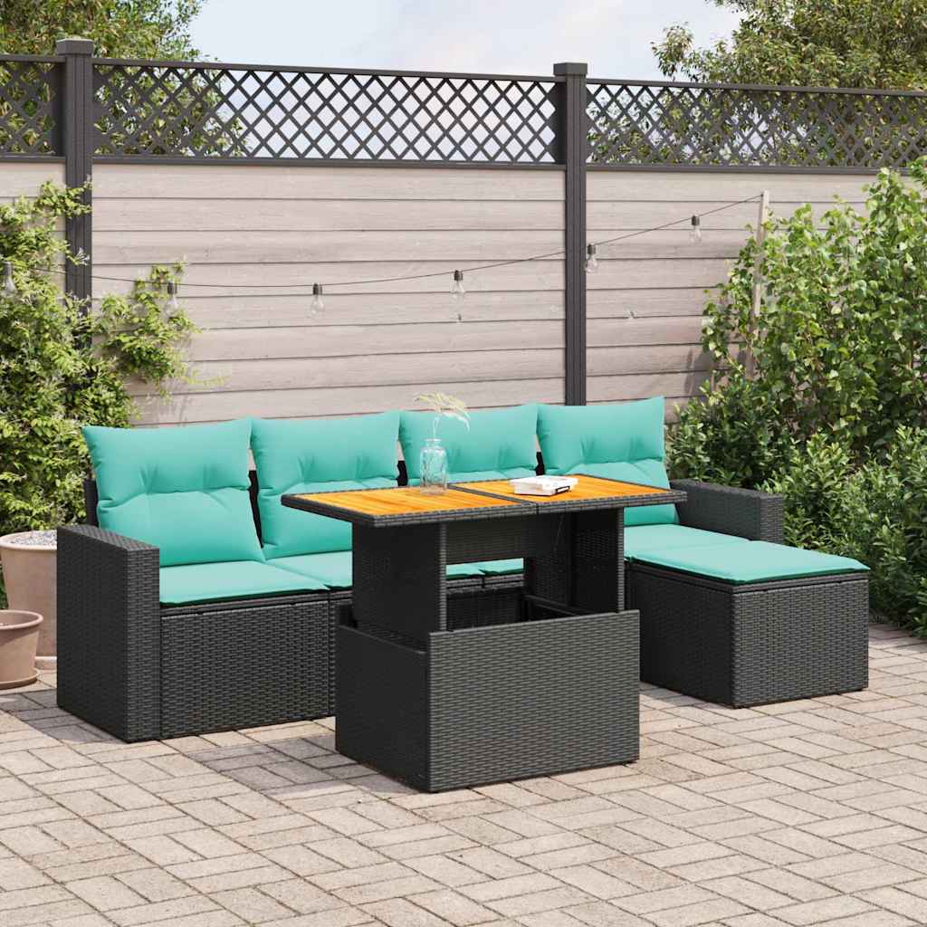 6 Pcs conjunto sofás de jardim c/ almofadões vime PE preto